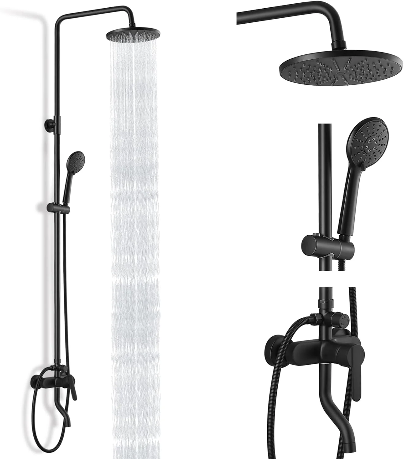 Heyalan Exposed Shower System Faucet Set Matte Black Bathroom 8 Inch ABS Single 1 Handle ABS Shower Head Handheld Shower Adjustable Slide Bar Hand Spray Tub Spout Wall Mount Complete Set