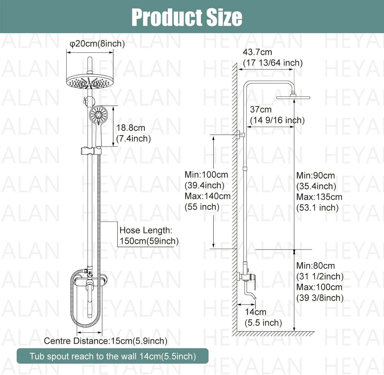 Heyalan Exposed Shower System Faucet Set Matte Black Bathroom 8 Inch ABS Single 1 Handle ABS Shower Head Handheld Shower Adjustable Slide Bar Hand Spray Tub Spout Wall Mount Complete Set