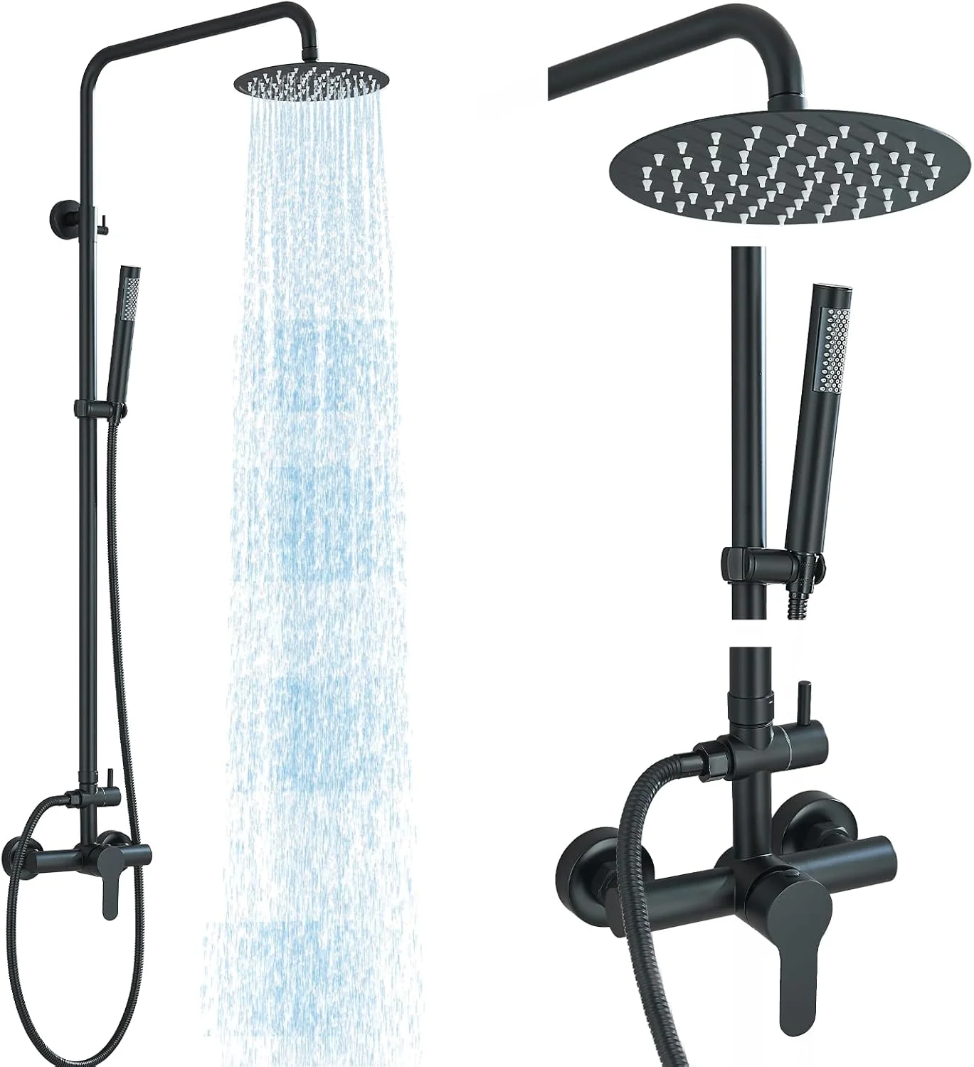 شیر دوش فضای باز MOSSON مشکی مات SUS304، سیستم دوش با سر دوش فشار قوی 8 اینچی به همراه اسپری دستی، ست دوش حمام، نصب دیواری، دو منظوره