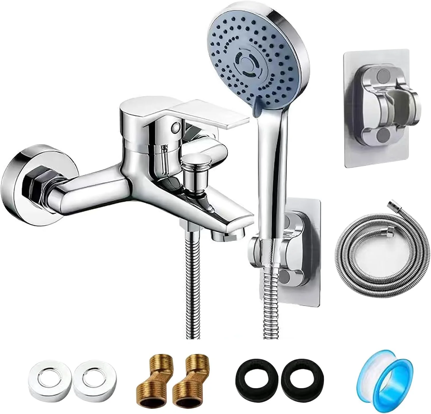 ست شیر دوش، روکش کروم و شامل شیر دوش دیواری، شیر وان تک اهرمی، سر دوش دستی، شلنگ و لوازم جانبی.