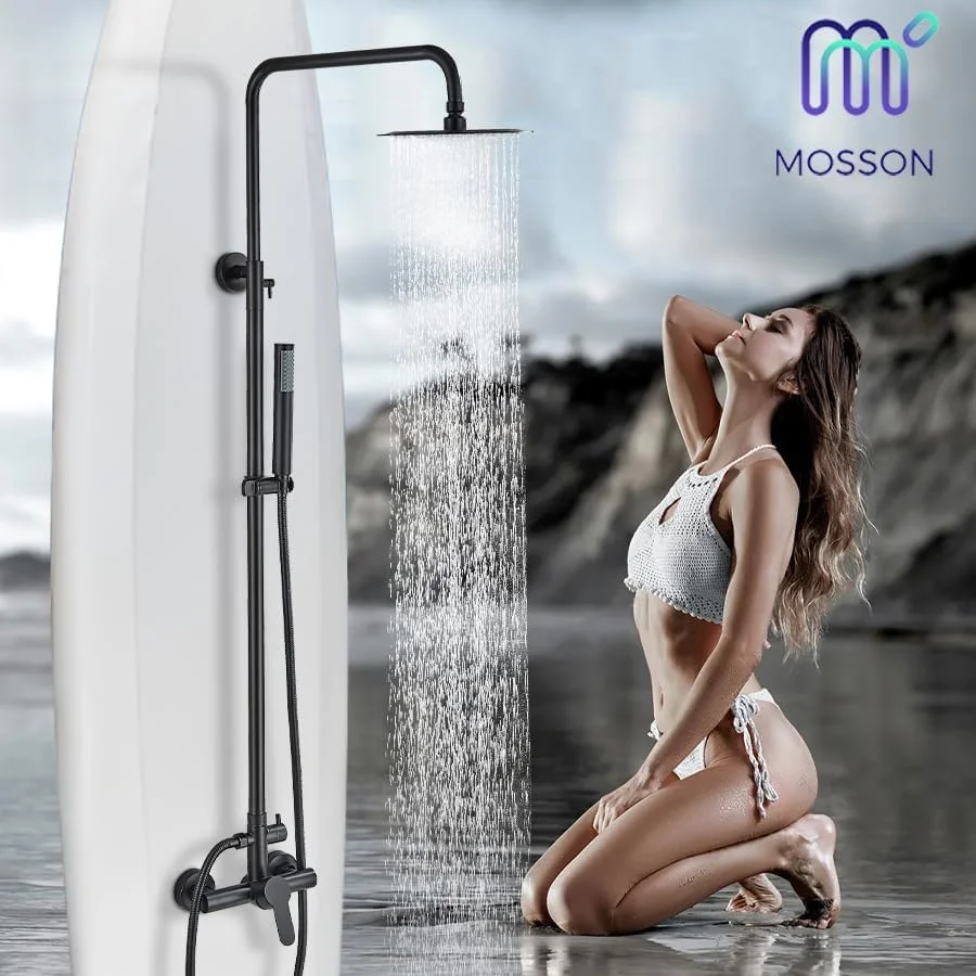 شیر دوش فضای باز MOSSON مشکی مات SUS304، سیستم دوش با سر دوش فشار قوی 8 اینچی به همراه اسپری دستی، ست دوش حمام، نصب دیواری، دو منظوره