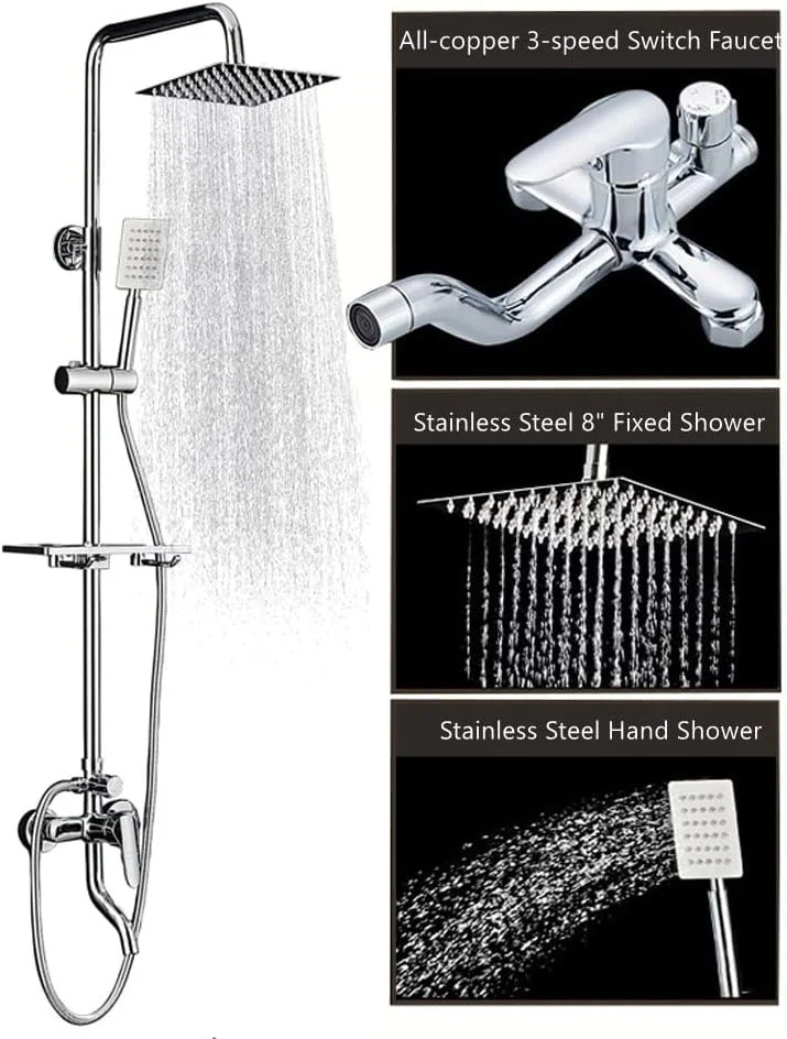 ست شیر دوش نقره ای استیل ضد زنگ SKADE، سیستم دوش سه کاره دیواری، سر دوش 8 اینچی، اسپری دستی قابل تنظیم حمام، شیر دوش نیکل برس خورده ست کامل ست شیر دوش نقره ای استیل ضد زنگ SKADE، سیستم دوش سه کاره دیواری، سر دوش 8 اینچی، اسپری دستی قابل تنظیم حمام، شیر دوش نیکل برس خورده ست کامل