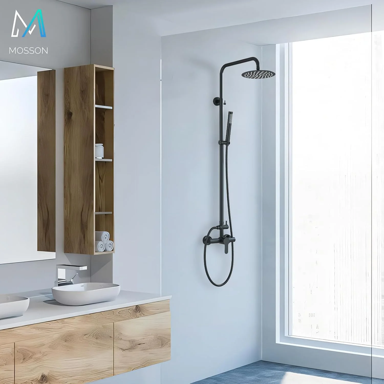 شیر دوش فضای باز MOSSON مشکی مات SUS304، سیستم دوش با سر دوش فشار قوی 8 اینچی به همراه اسپری دستی، ست دوش حمام، نصب دیواری، دو منظوره