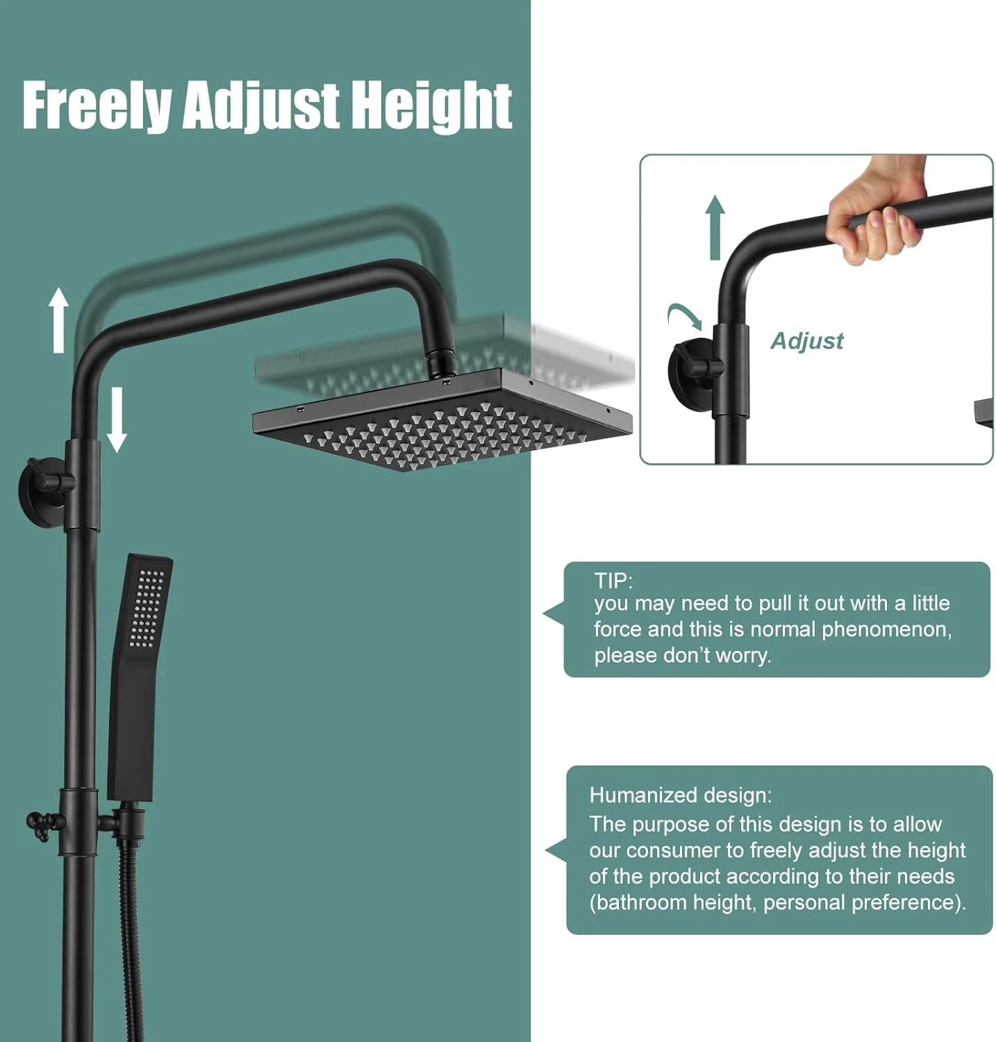 سیستم دوش روکار مشکی مات هیلان، شیر دوش حمام سه کاره، سر دوش بارانی مربعی چرخان 8 اینچی با گوشی دستی قابل تنظیم، مجموعه کامل، خروجی آب وان، نصب دیواری