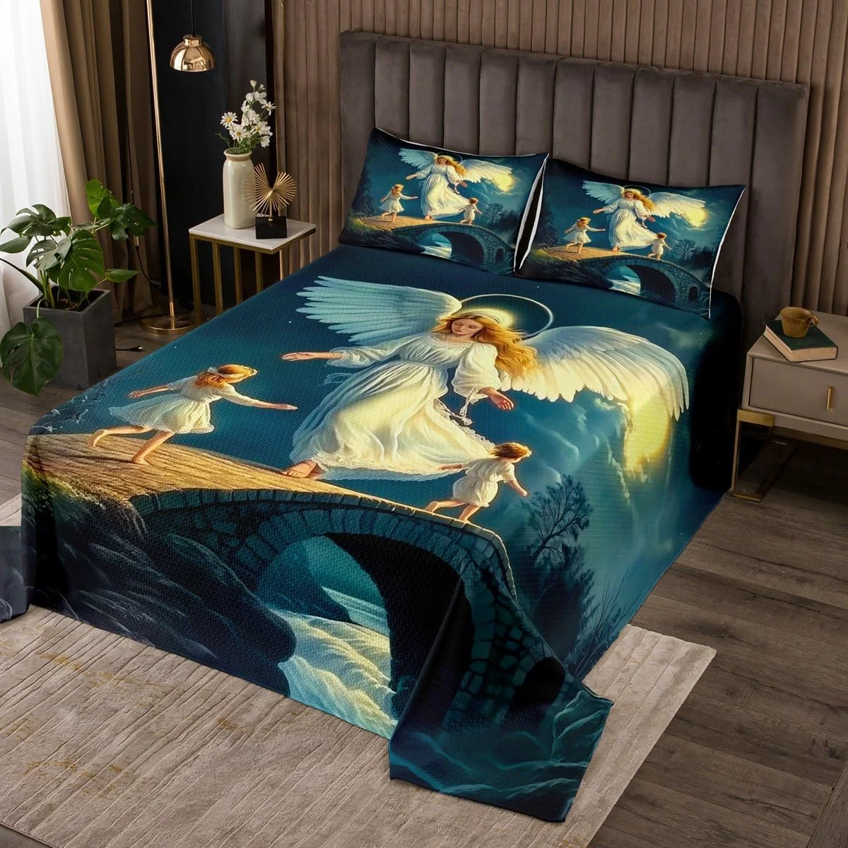 ست روتختی فرشته نگهبان Erosebridal طرح عتیقه اواسط قرن، ست لحاف سایز یک نفره، روتختی رومی وینتیج وسترن، ست رو تختی بال های هاله فرشته اسرارآمیز به همراه 1 روبالشی