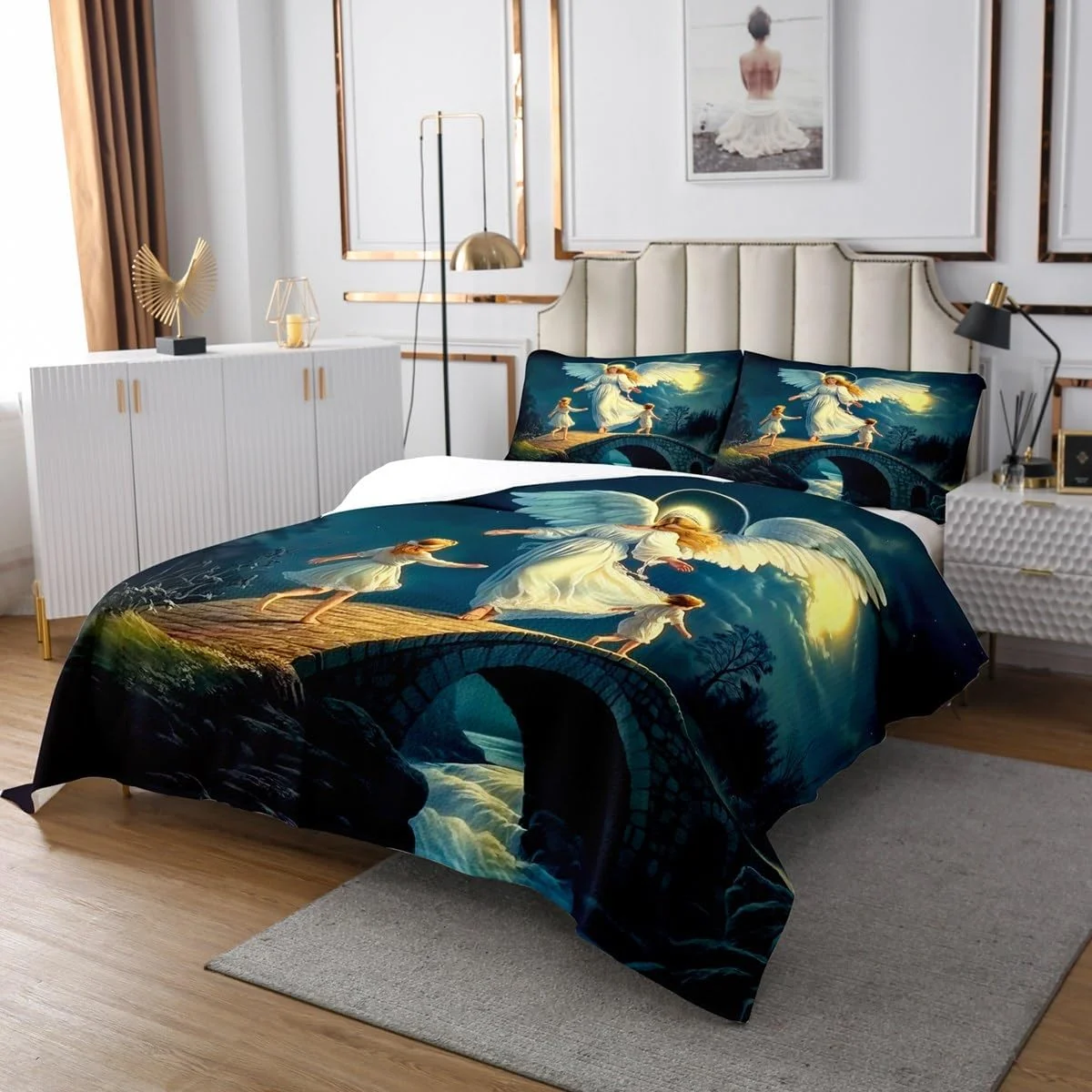 ست روتختی فرشته نگهبان Erosebridal طرح عتیقه اواسط قرن، ست لحاف سایز یک نفره، روتختی رومی وینتیج وسترن، ست رو تختی بال های هاله فرشته اسرارآمیز به همراه 1 روبالشی