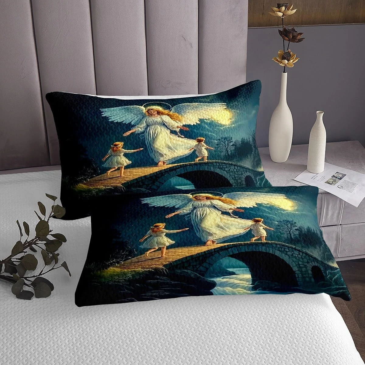 ست روتختی فرشته نگهبان Erosebridal طرح عتیقه اواسط قرن، ست لحاف سایز یک نفره، روتختی رومی وینتیج وسترن، ست رو تختی بال های هاله فرشته اسرارآمیز به همراه 1 روبالشی