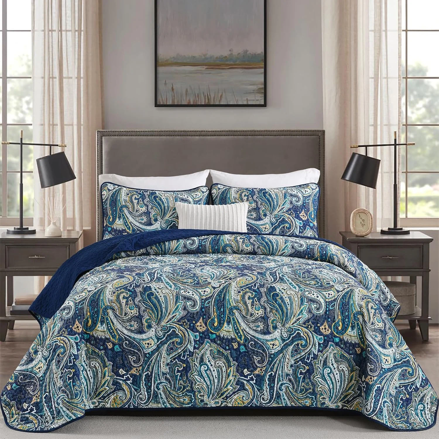 ست لحاف طرح بته جقه سرمه ای DJY سایز کینگ، ست روتختی طرح بوهمی، 3 تکه، لحاف نرم و سبک وزن از جنس میکروفیبر، طرح گلدار بته جقه طلایی سرمه ای وینتیج مناسب تمام فصول، 279x228 سانتی متر