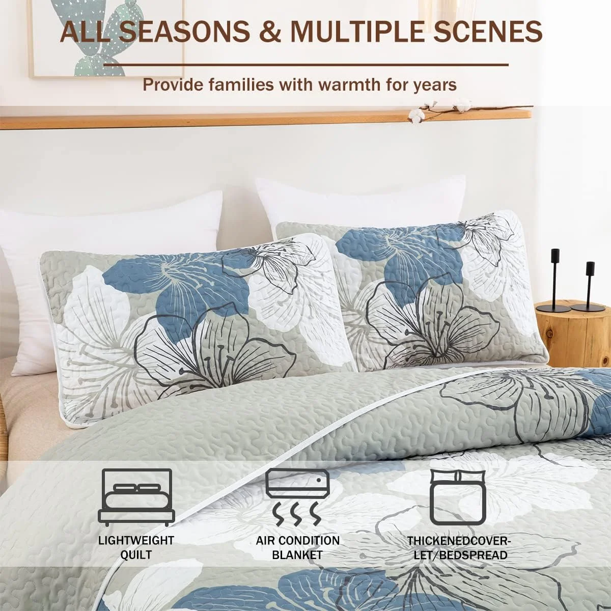 ست لحاف سه تکه DJY طرح گلدار سایز کوئین، رو تختی شیک و بوهمی با 2 روبالشی، ملحفه میکروفایبر سبک وزن مناسب تمام فصول (آبی، 228x243 سانتی متر)