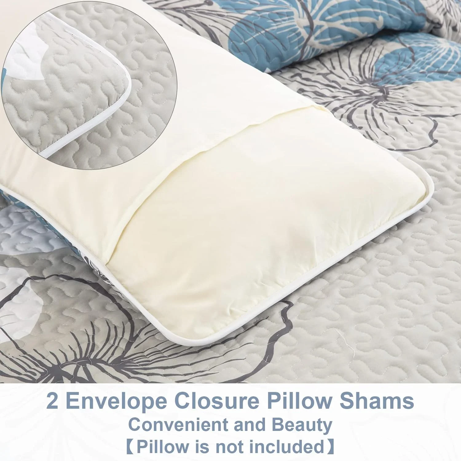 ست لحاف سه تکه DJY طرح گلدار سایز کوئین، رو تختی شیک و بوهمی با 2 روبالشی، ملحفه میکروفایبر سبک وزن مناسب تمام فصول (آبی، 228x243 سانتی متر)