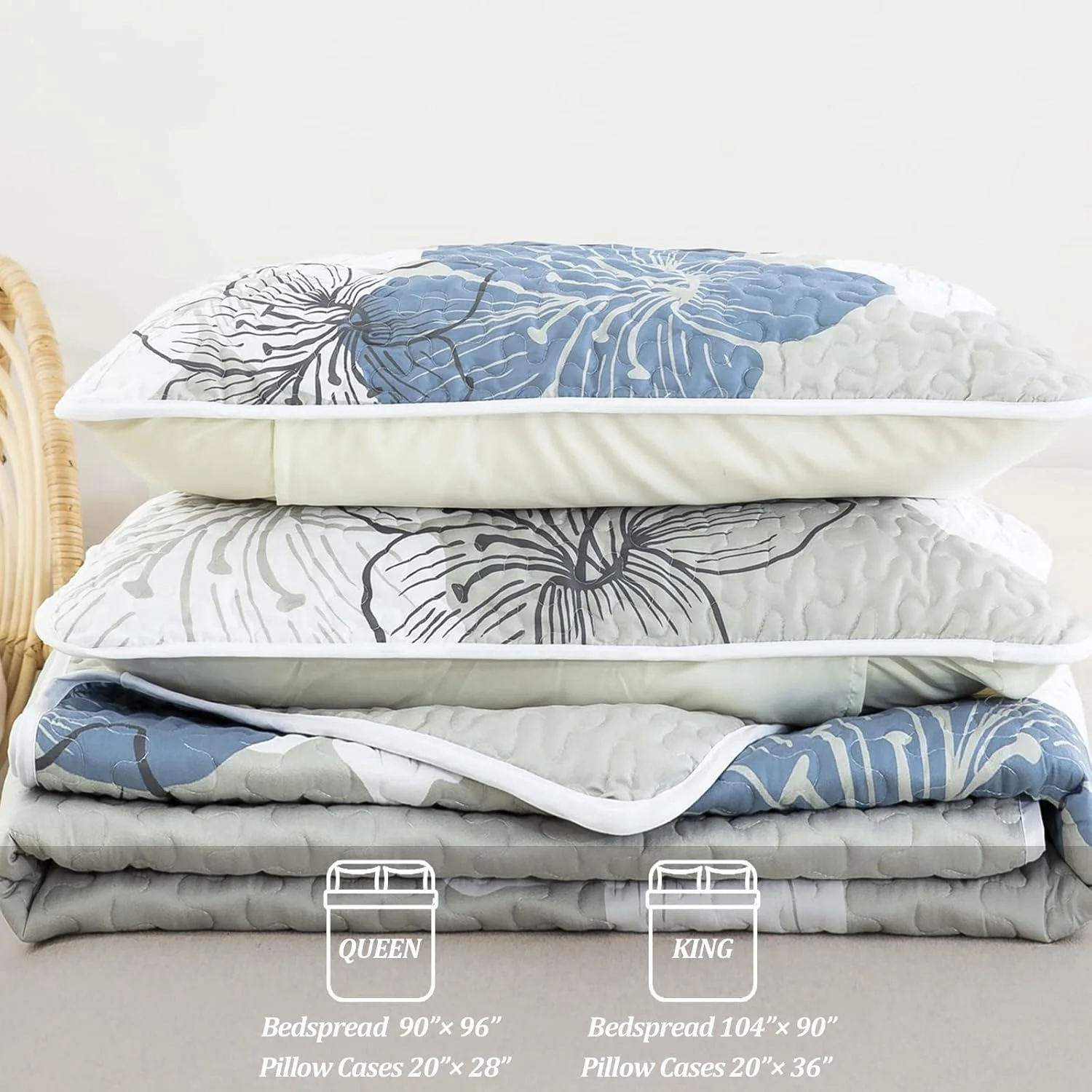 ست لحاف سه تکه DJY طرح گلدار سایز کوئین، رو تختی شیک و بوهمی با 2 روبالشی، ملحفه میکروفایبر سبک وزن مناسب تمام فصول (آبی، 228x243 سانتی متر)