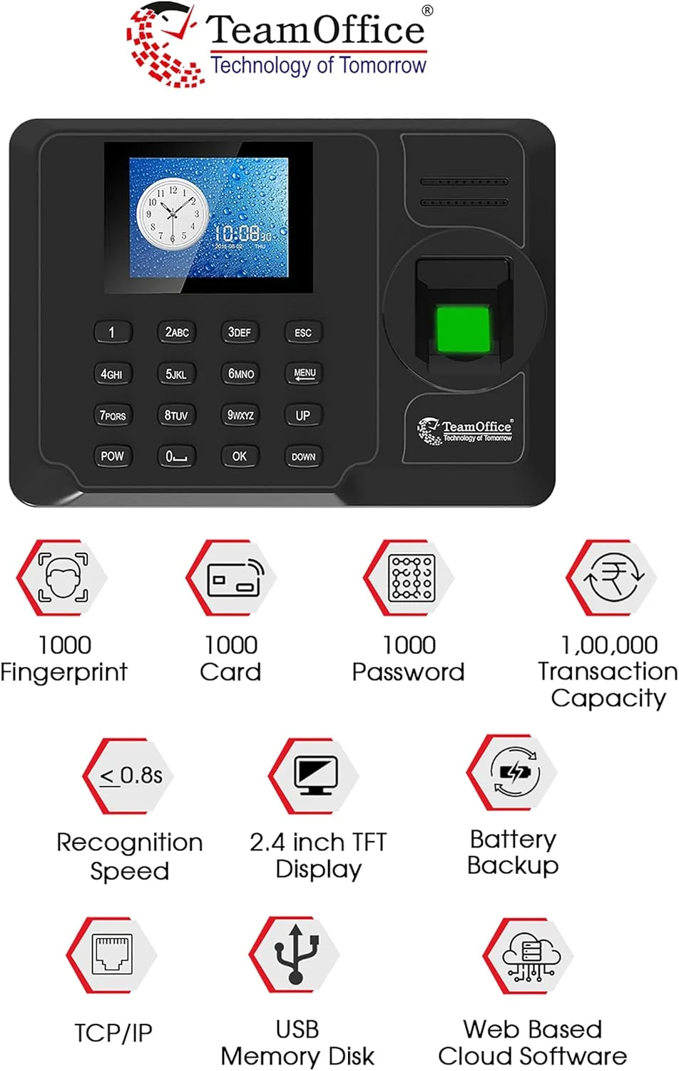 دستگاه حضور و غیاب اثر انگشتی اداری تیم آفیس با نرم افزار حضور و غیاب ابری (اثر انگشت + TCP/IP)