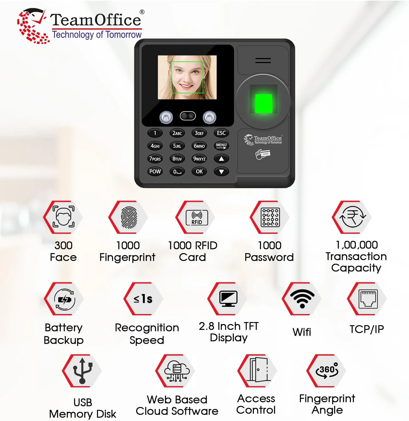 دستگاه حضور و غیاب تشخیص چهره بدون لمس Team Office Z900 به همراه نرم افزار حضور و غیاب ابری (چهره+اثر انگشت+Wi-Fi)