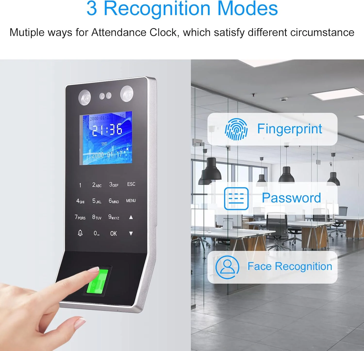 دستگاه حضور و غیاب تشخیص چهره، اثر انگشت و رمز عبور، دستگاه کنترل دسترسی و ثبت زمان ورود و خروج کارکنان با صفحه نمایش رنگی 2.4 اینچی TFT و پشتیبانی از دانلود از طریق فلش مموری دستگاه حضور و غیاب تشخیص چهره، اثر انگشت و رمز عبور، دستگاه کنترل دسترسی و ثبت زمان ورود و خروج کارکنان با صفحه نمایش رنگی 2.4 اینچی TFT و پشتیبانی از دانلود از طریق فلش مموری