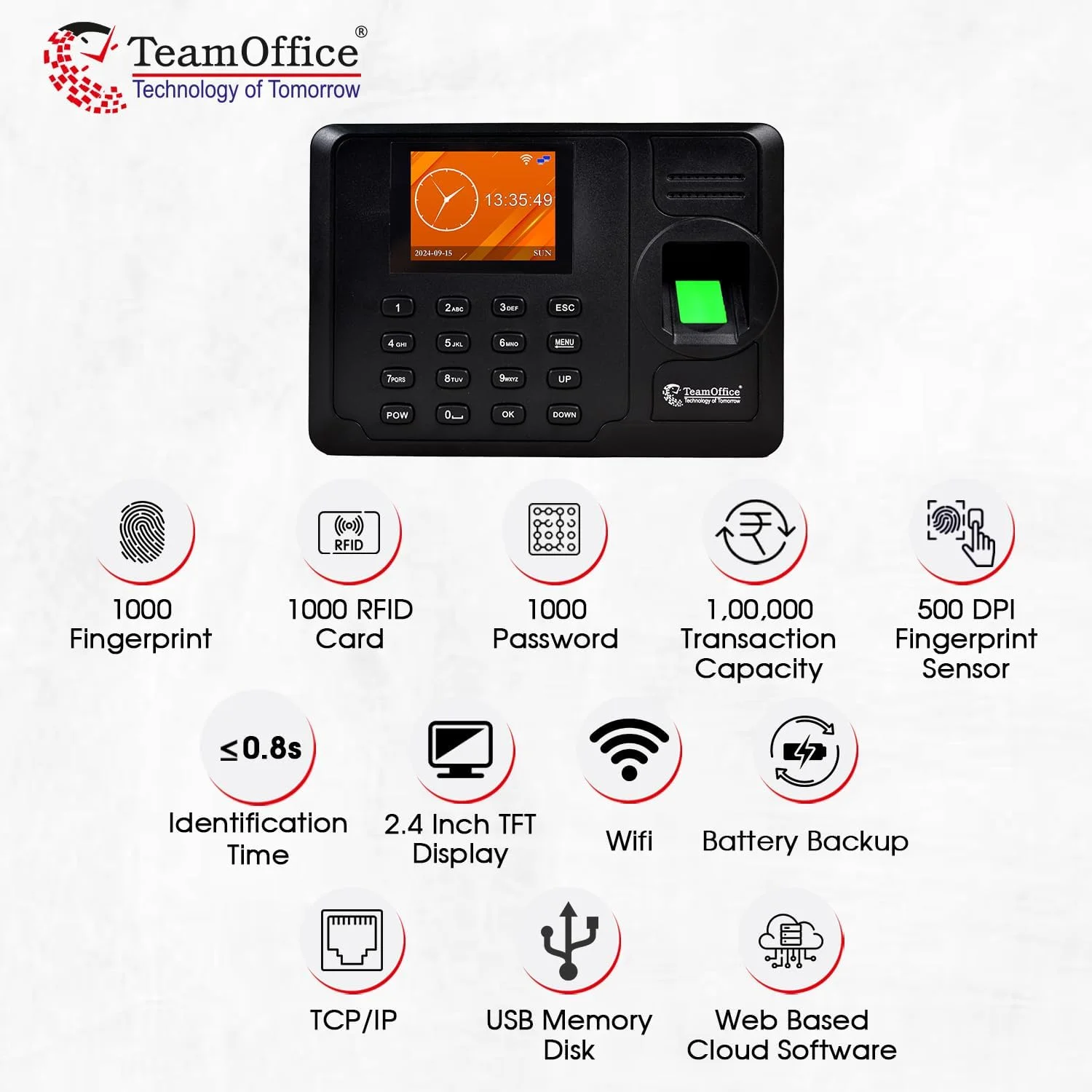 دستگاه حضور و غیاب بیومتریک Team Office Z305W با پشتیبانی از ابر و Wi-Fi