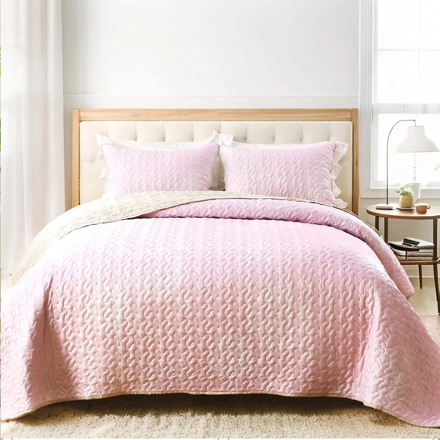 ست لحاف Heymybed سایز کوئین، ست لحاف گیاهی، روتختی گلدار صورتی، ست روانداز 3 تکه، ست ملحفه لحاف طرح گیاهان میکروفیبر نرم برای تمام فصول (صورتی 244x229 سانتی متر)