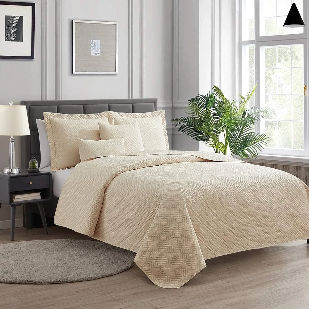 لحاف و روتختی یک نفره Hearth & Harbor - ست روتختی مناسب تمام فصول، بافت پینسونیک، ست روتختی سبک وزن - ست لحاف یک نفره 5 تکه با روبالشی، طرح الماس - کرم