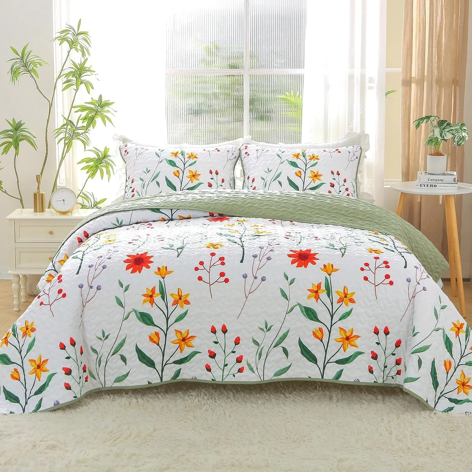 ست لحاف طرح گیاهی Heymybed سایز کینگ، رو تختی بهاری، ست رو تختی گلدار رنگارنگ، ست روتختی 3 تکه نرم میکروفایبر با طرح گیاهان مناسب تمام فصول (269x233 سانتی متر)