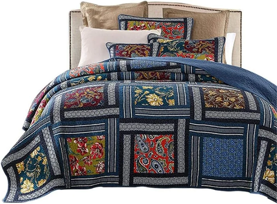 ست روتختی تکه دوزی شده دست ساز 3 تکه، لحاف پنبه ای فوق العاده نرم با 2 بالش وزن متوسط بژ / 230×250 سانتی متر (آبی کینگ 259x269 سانتی متر) (آبی 230×250 سانتی متر)
