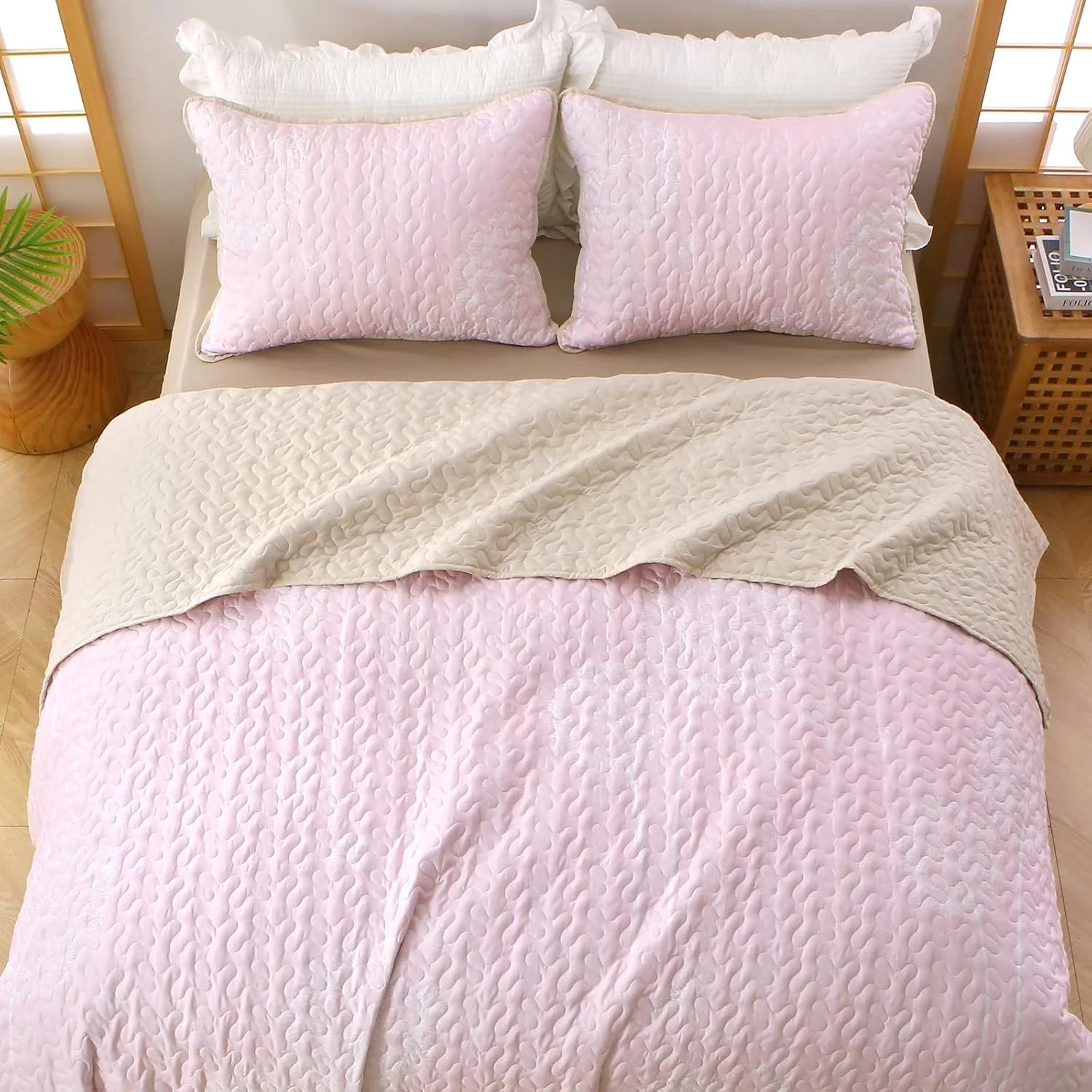 ست لحاف Heymybed سایز کوئین، ست لحاف گیاهی، روتختی گلدار صورتی، ست روانداز 3 تکه، ست ملحفه لحاف طرح گیاهان میکروفیبر نرم برای تمام فصول (صورتی 244x229 سانتی متر)