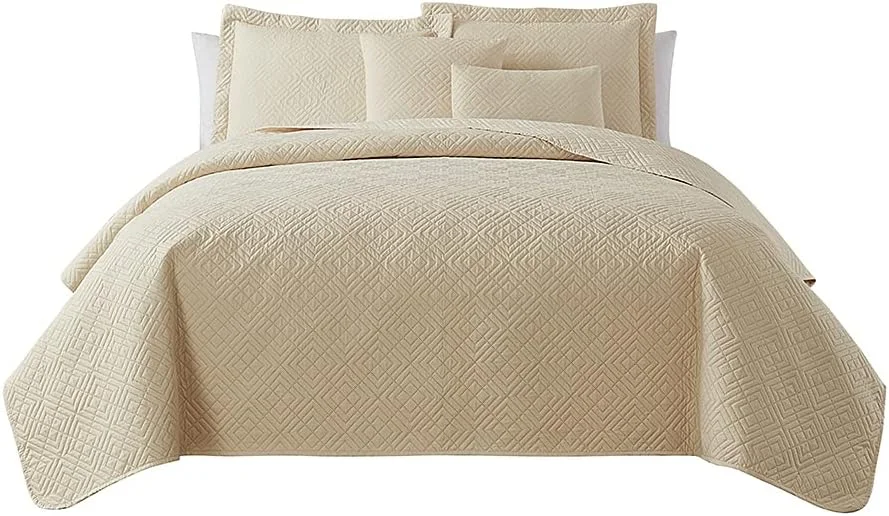 لحاف و روتختی یک نفره Hearth & Harbor - ست روتختی مناسب تمام فصول، بافت پینسونیک، ست روتختی سبک وزن - ست لحاف یک نفره 5 تکه با روبالشی، طرح الماس - کرم