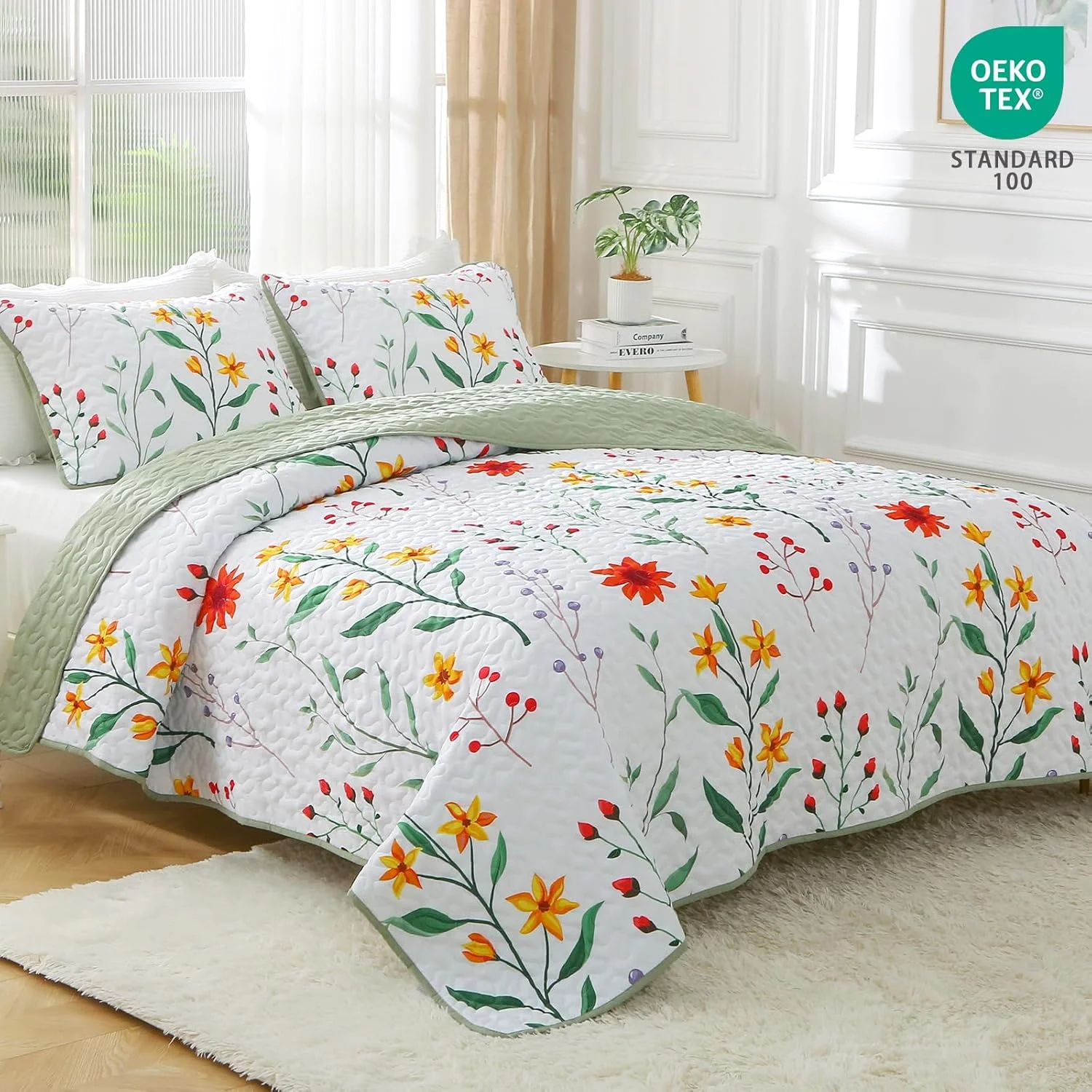 ست لحاف طرح گیاهی Heymybed سایز کینگ، رو تختی بهاری، ست رو تختی گلدار رنگارنگ، ست روتختی 3 تکه نرم میکروفایبر با طرح گیاهان مناسب تمام فصول (269x233 سانتی متر)