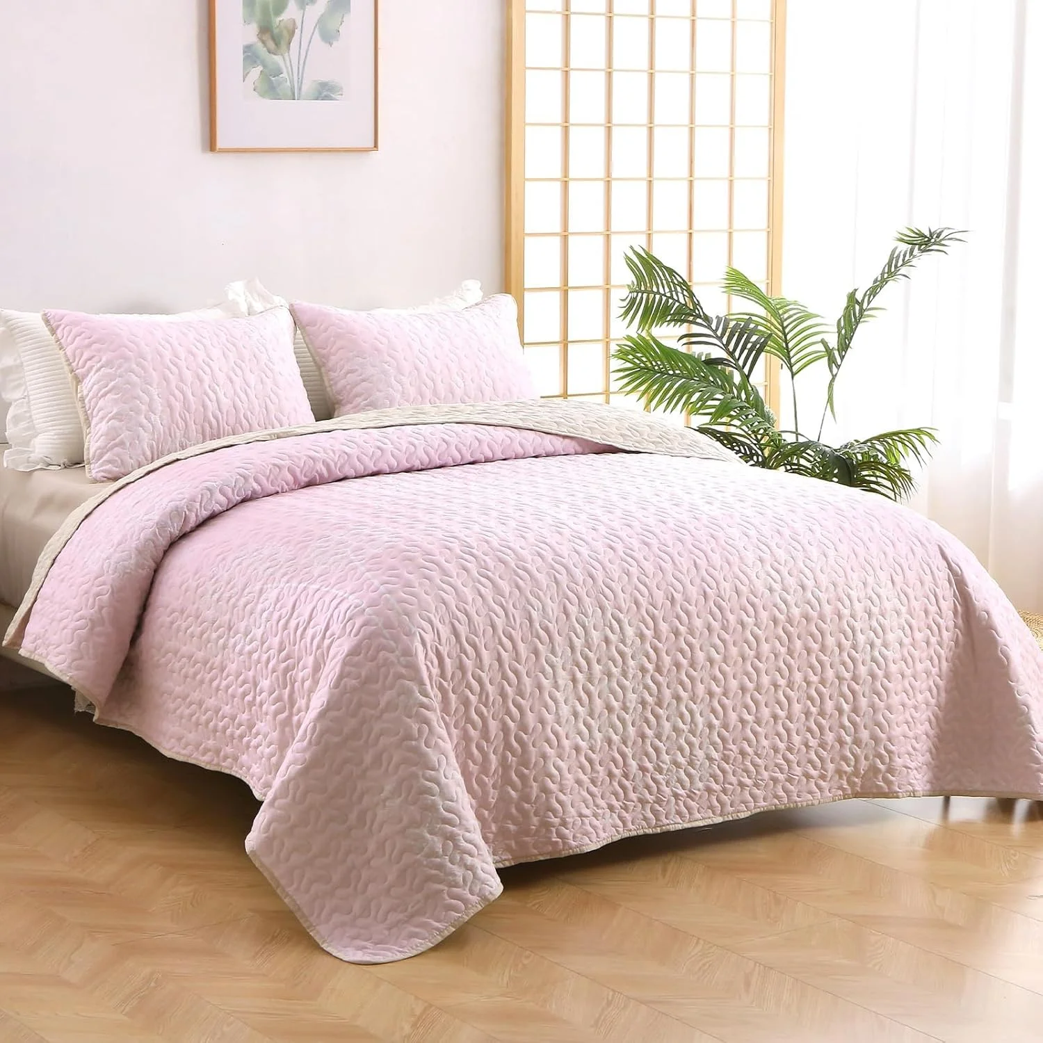 ست لحاف Heymybed سایز کوئین، ست لحاف گیاهی، روتختی گلدار صورتی، ست روانداز 3 تکه، ست ملحفه لحاف طرح گیاهان میکروفیبر نرم برای تمام فصول (صورتی 244x229 سانتی متر)