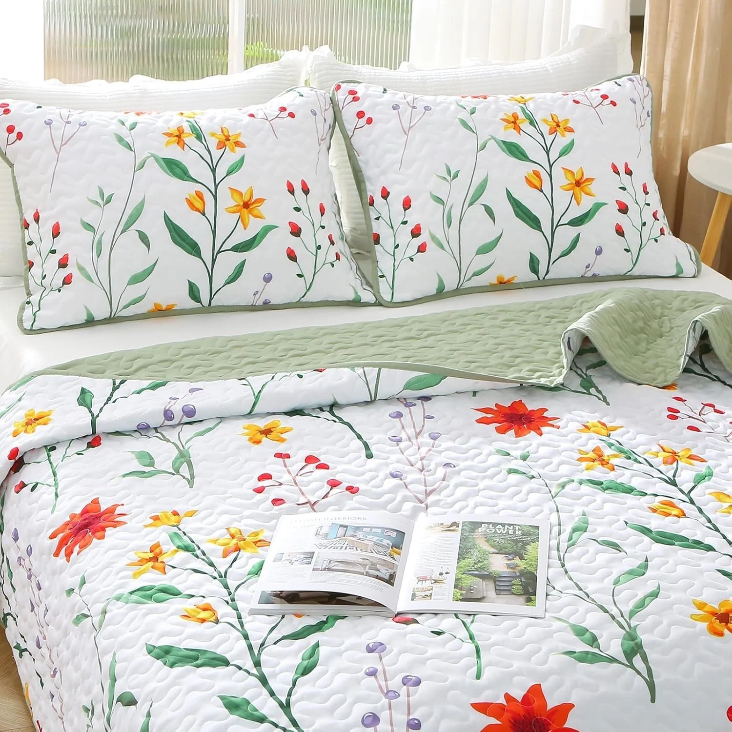 ست لحاف طرح گیاهی Heymybed سایز کینگ، رو تختی بهاری، ست رو تختی گلدار رنگارنگ، ست روتختی 3 تکه نرم میکروفایبر با طرح گیاهان مناسب تمام فصول (269x233 سانتی متر)
