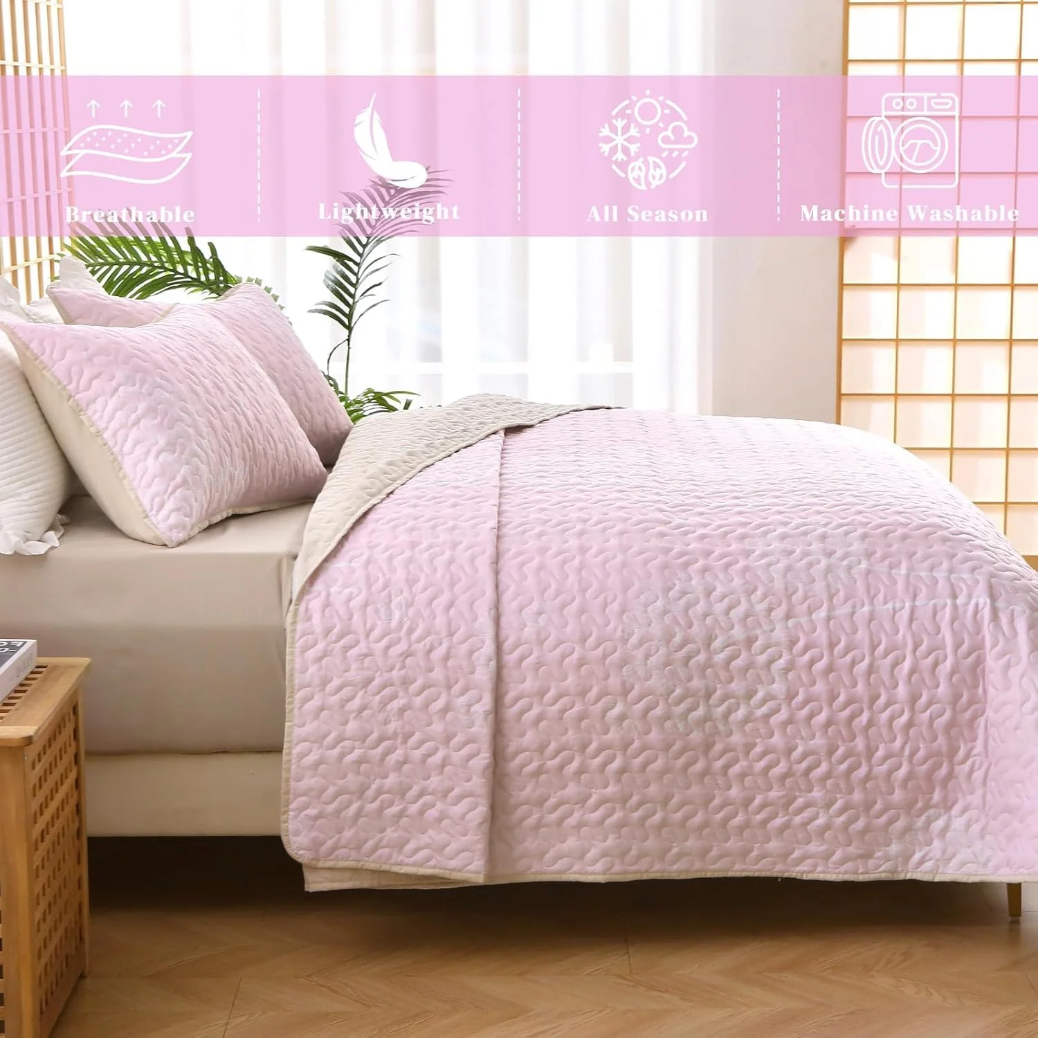 ست لحاف Heymybed سایز کوئین، ست لحاف گیاهی، روتختی گلدار صورتی، ست روانداز 3 تکه، ست ملحفه لحاف طرح گیاهان میکروفیبر نرم برای تمام فصول (صورتی 244x229 سانتی متر)