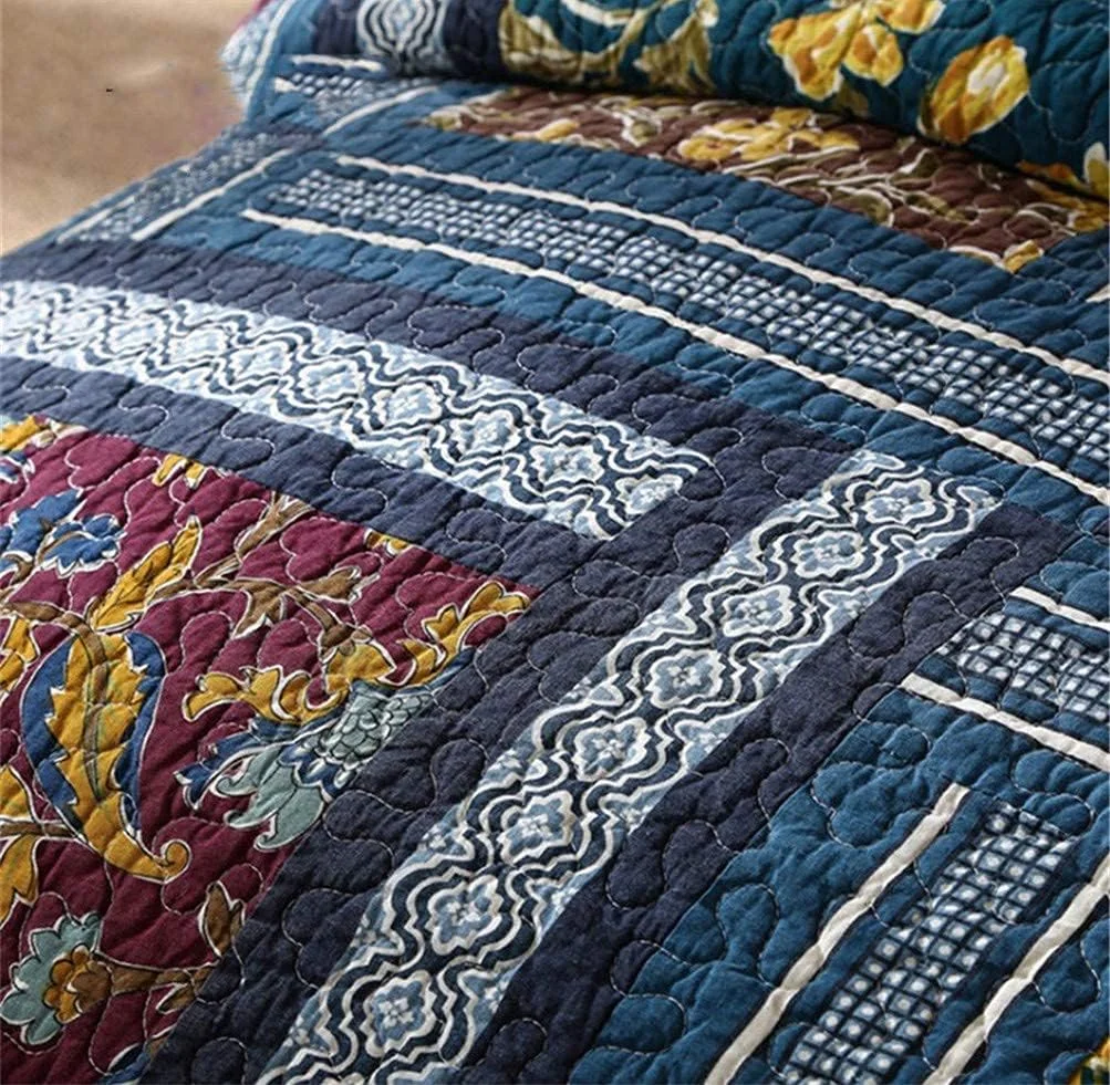 ست روتختی تکه دوزی شده دست ساز 3 تکه، لحاف پنبه ای فوق العاده نرم با 2 بالش وزن متوسط بژ / 230×250 سانتی متر (آبی کینگ 259x269 سانتی متر) (آبی 230×250 سانتی متر)