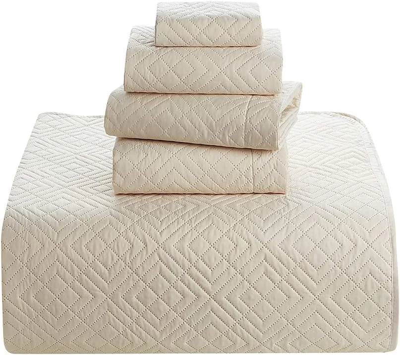 لحاف و روتختی یک نفره Hearth & Harbor - ست روتختی مناسب تمام فصول، بافت پینسونیک، ست روتختی سبک وزن - ست لحاف یک نفره 5 تکه با روبالشی، طرح الماس - کرم