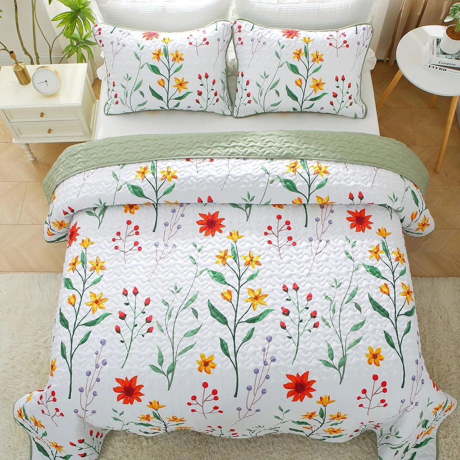 ست لحاف طرح گیاهی Heymybed سایز کینگ، رو تختی بهاری، ست رو تختی گلدار رنگارنگ، ست روتختی 3 تکه نرم میکروفایبر با طرح گیاهان مناسب تمام فصول (269x233 سانتی متر)