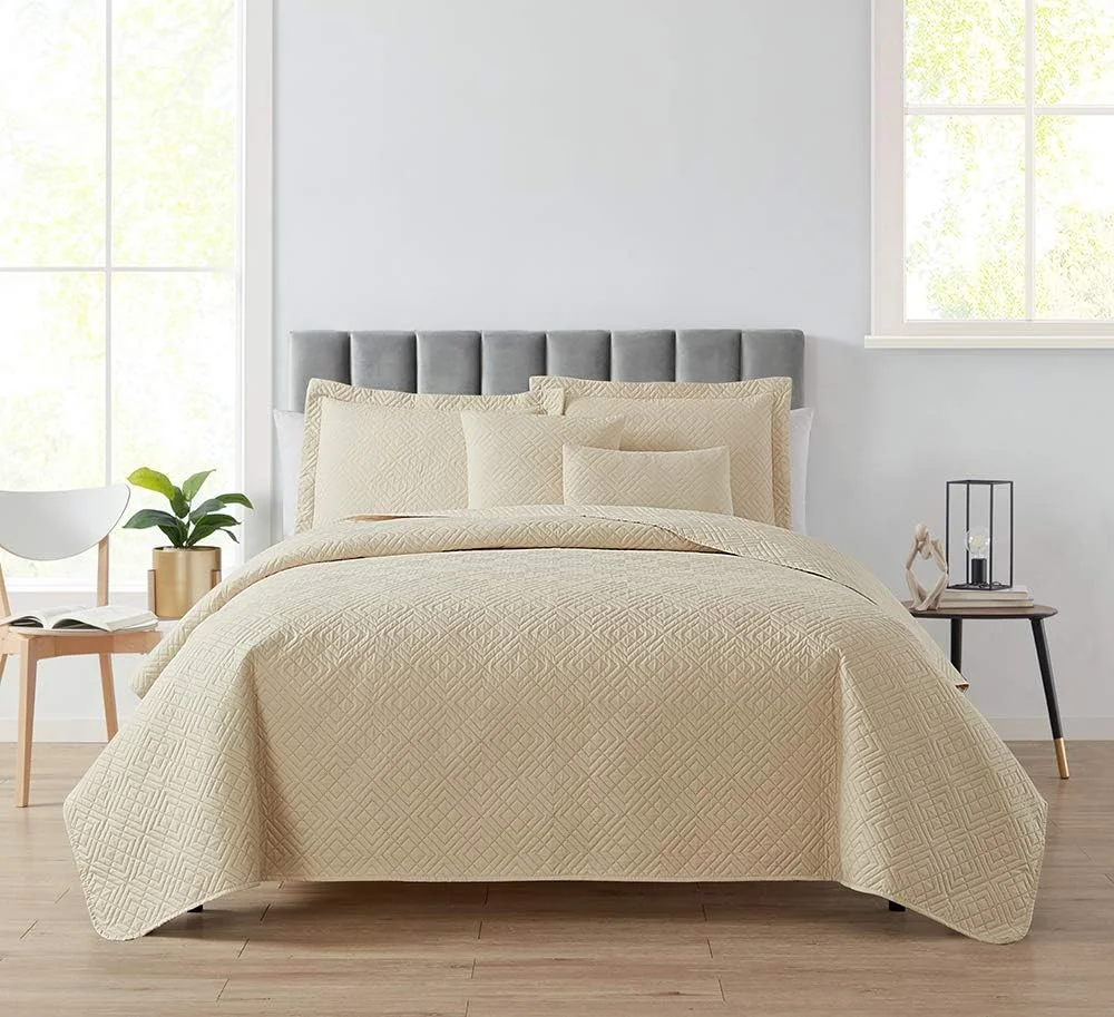 لحاف و روتختی یک نفره Hearth & Harbor - ست روتختی مناسب تمام فصول، بافت پینسونیک، ست روتختی سبک وزن - ست لحاف یک نفره 5 تکه با روبالشی، طرح الماس - کرم