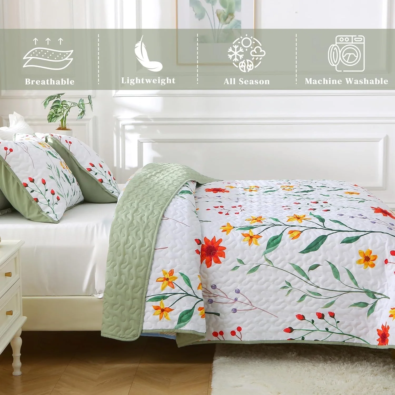 ست لحاف طرح گیاهی Heymybed سایز کینگ، رو تختی بهاری، ست رو تختی گلدار رنگارنگ، ست روتختی 3 تکه نرم میکروفایبر با طرح گیاهان مناسب تمام فصول (269x233 سانتی متر)