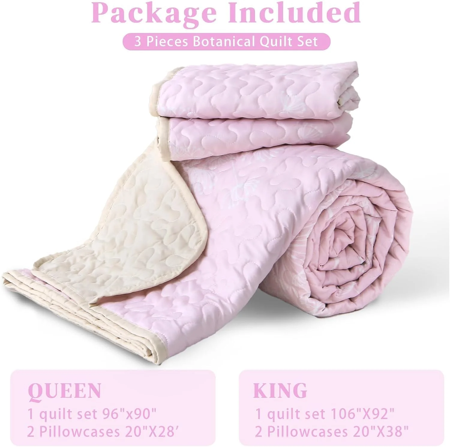 ست لحاف Heymybed سایز کوئین، ست لحاف گیاهی، روتختی گلدار صورتی، ست روانداز 3 تکه، ست ملحفه لحاف طرح گیاهان میکروفیبر نرم برای تمام فصول (صورتی 244x229 سانتی متر)