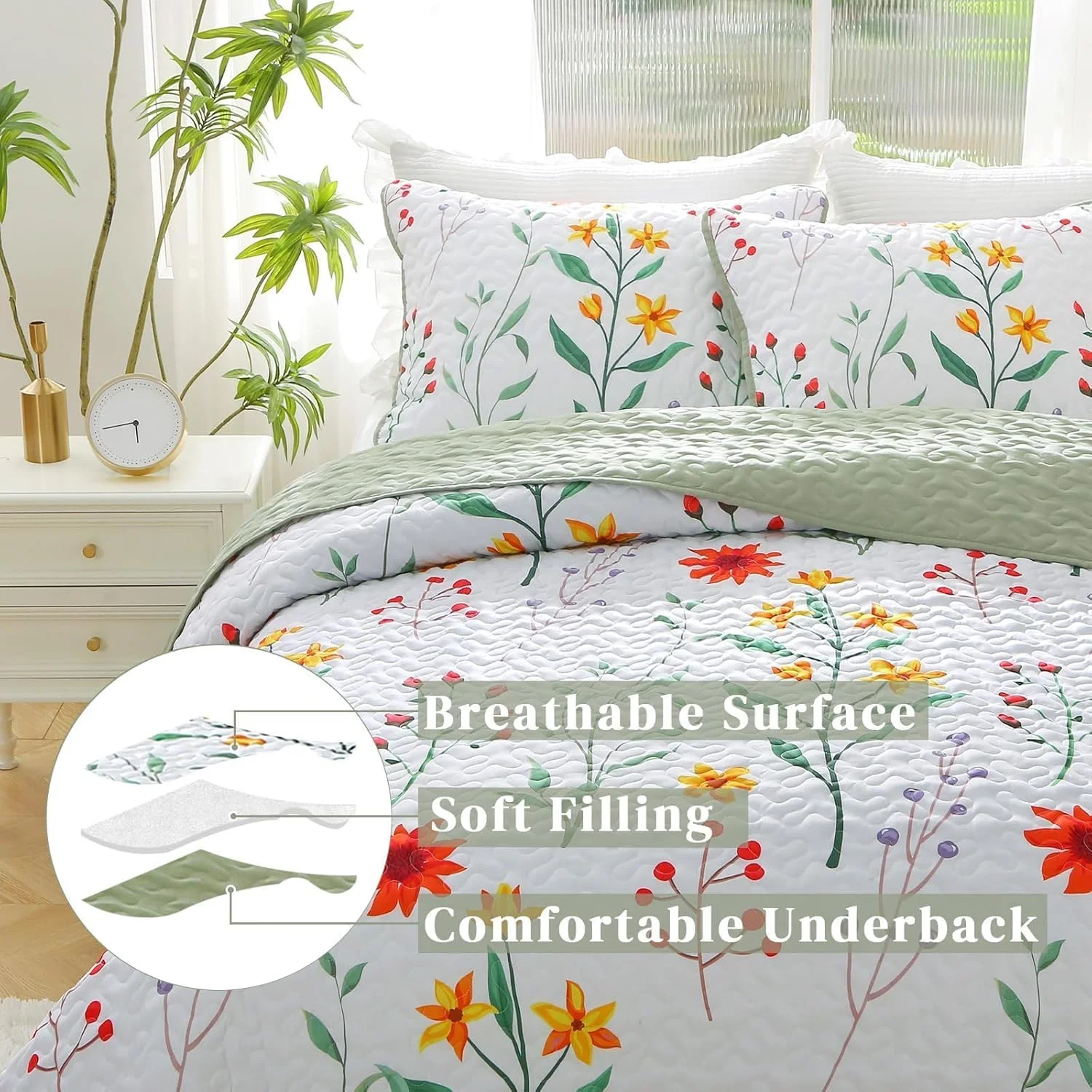 ست لحاف طرح گیاهی Heymybed سایز کینگ، رو تختی بهاری، ست رو تختی گلدار رنگارنگ، ست روتختی 3 تکه نرم میکروفایبر با طرح گیاهان مناسب تمام فصول (269x233 سانتی متر)