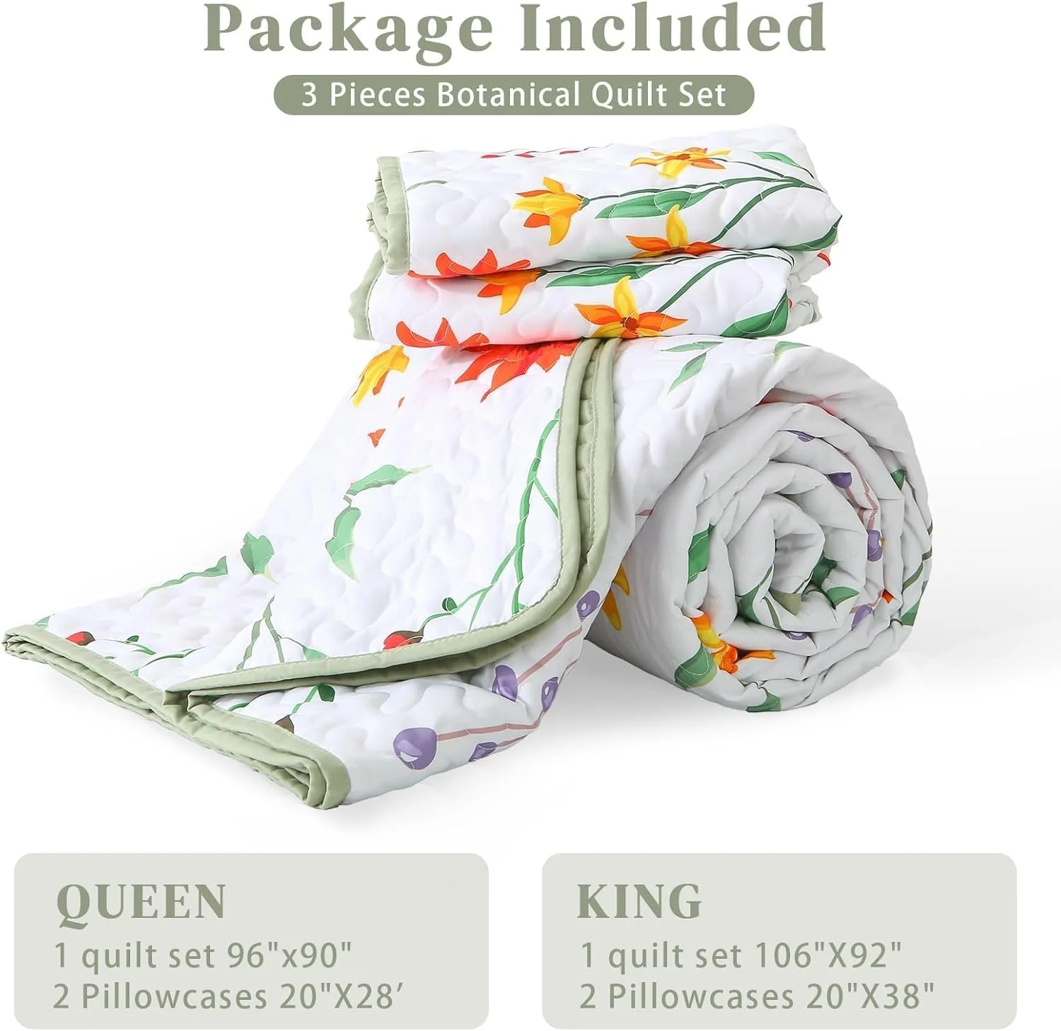 ست لحاف طرح گیاهی Heymybed سایز کینگ، رو تختی بهاری، ست رو تختی گلدار رنگارنگ، ست روتختی 3 تکه نرم میکروفایبر با طرح گیاهان مناسب تمام فصول (269x233 سانتی متر)