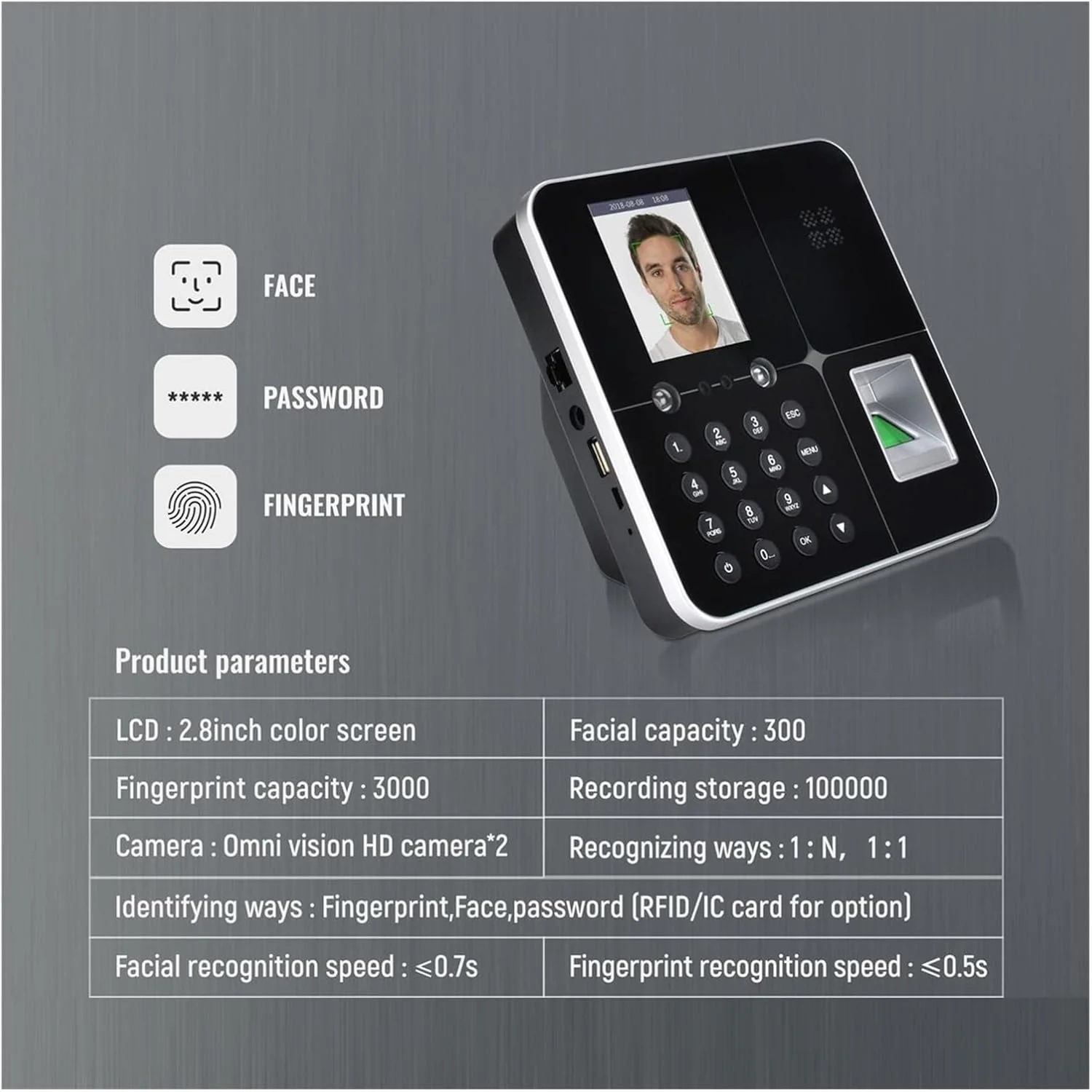 دستگاه حضور و غیاب VESLFG مدل AF18، دستگاه تشخیص بیومتریک اثر انگشت و چهره، ساعت حضور و غیاب با رمز عبور، پخش صوتی، ثبت ورود و خروج خودکار، کاربری آسان