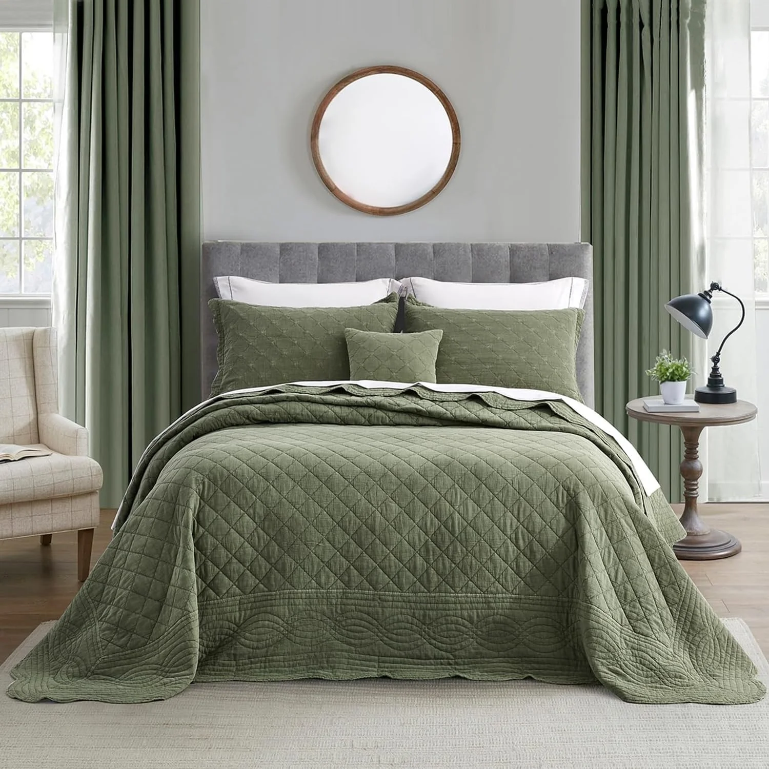 روتختی بزرگ کویین HZ&HY - ظاهر شیک روستایی - آنزیم و سنگ شور شده، فوق العاده نرم و سبک وزن، دو رو، پنبه/پلی استر، 5 تکه، کویین، سبز لجنی