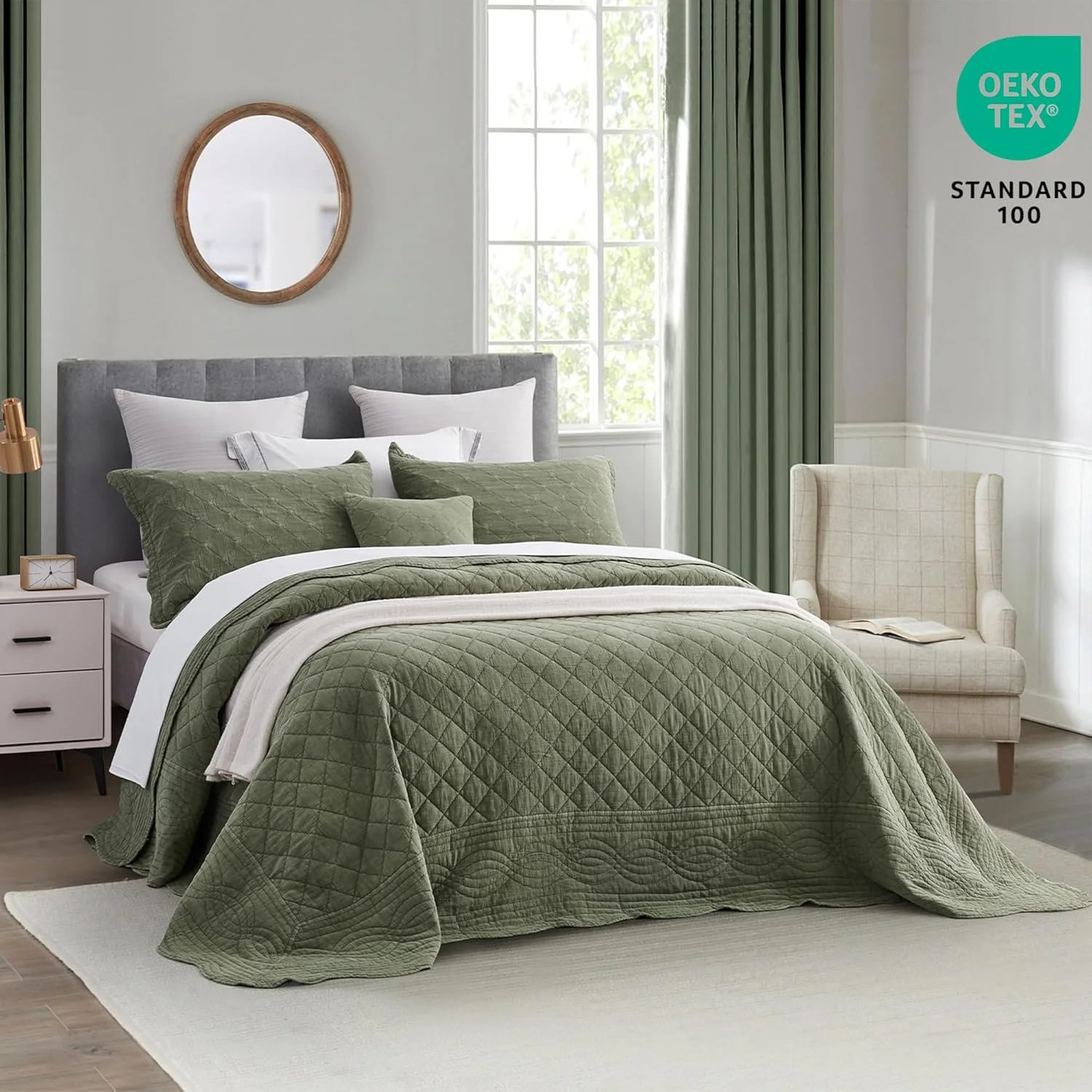 روتختی بزرگ کویین HZ&HY - ظاهر شیک روستایی - آنزیم و سنگ شور شده، فوق العاده نرم و سبک وزن، دو رو، پنبه/پلی استر، 5 تکه، کویین، سبز لجنی