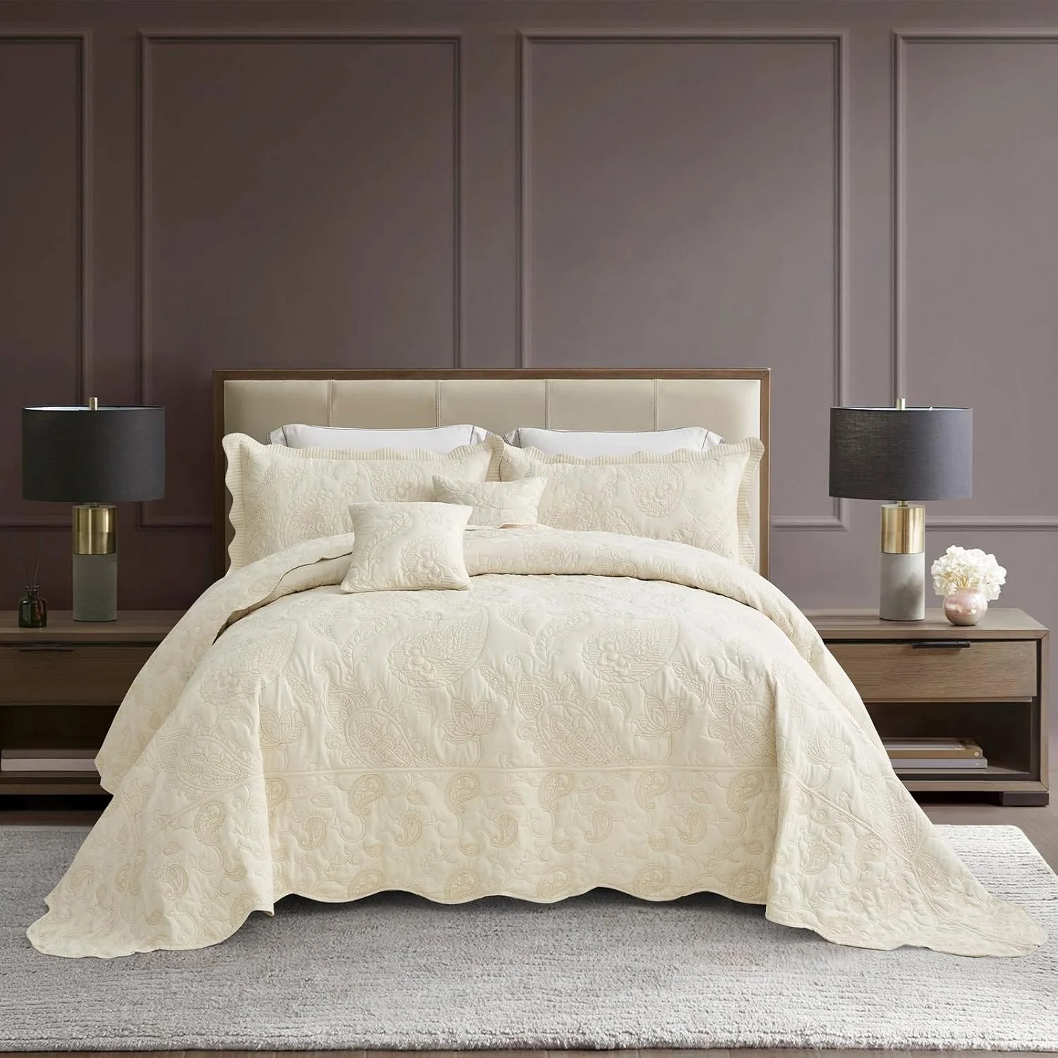 روتختی کینگ سایز بزرگ HZ & HY، ست روتختی لحافی، لحاف نازک سبک وزن، دو رو، لوکس، 5 تکه، 100% میکروفایبر، کینگ/کال کینگ، عاجی زرد