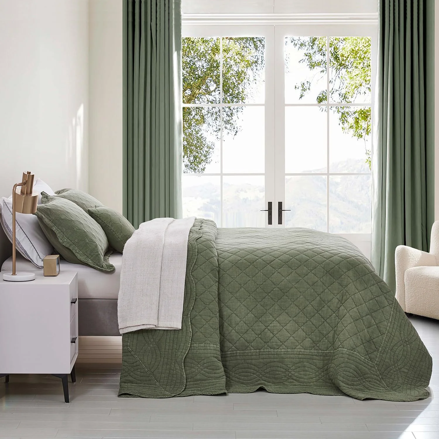 روتختی بزرگ کویین HZ&HY - ظاهر شیک روستایی - آنزیم و سنگ شور شده، فوق العاده نرم و سبک وزن، دو رو، پنبه/پلی استر، 5 تکه، کویین، سبز لجنی