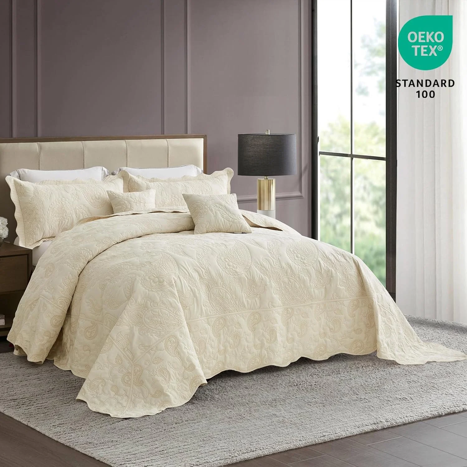 روتختی کینگ سایز بزرگ HZ & HY، ست روتختی لحافی، لحاف نازک سبک وزن، دو رو، لوکس، 5 تکه، 100% میکروفایبر، کینگ/کال کینگ، عاجی زرد