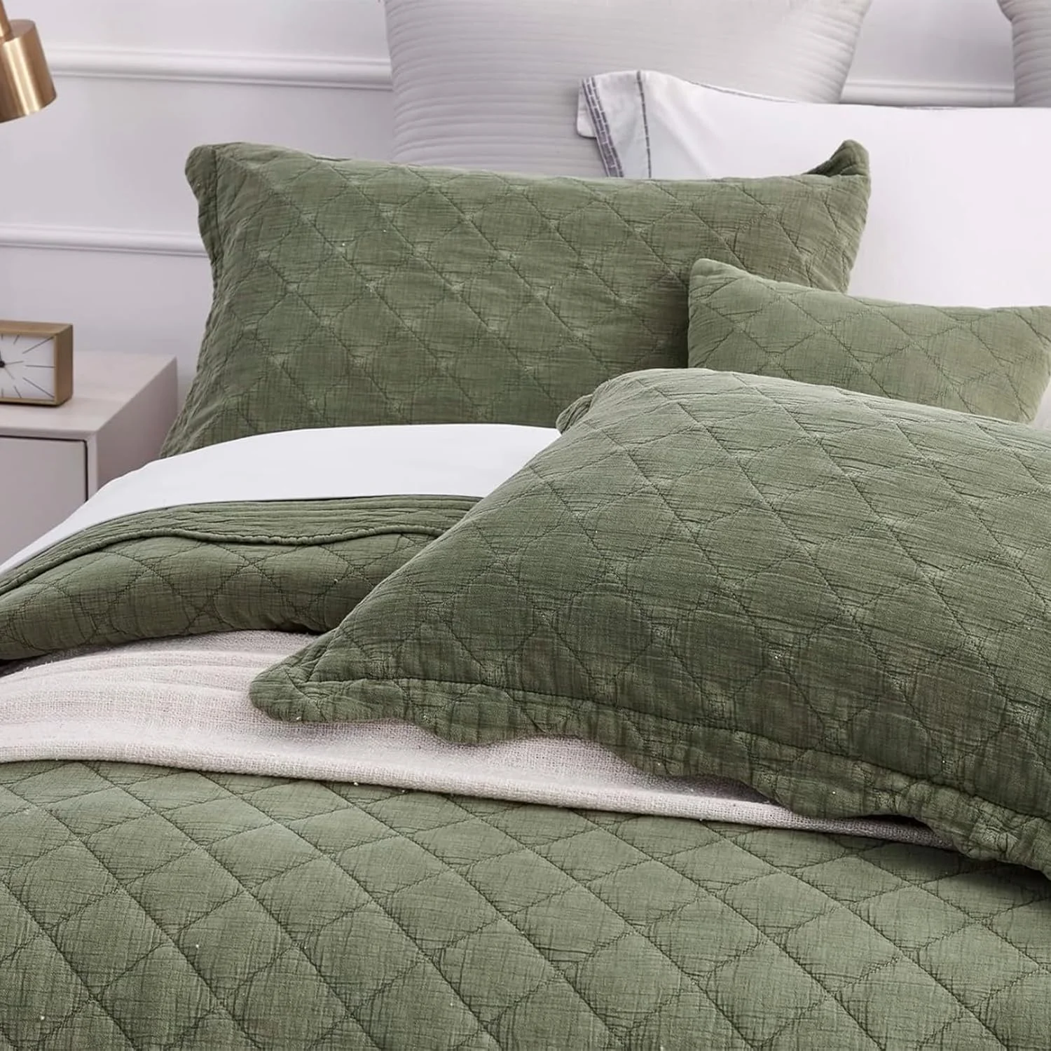 روتختی بزرگ کویین HZ&HY - ظاهر شیک روستایی - آنزیم و سنگ شور شده، فوق العاده نرم و سبک وزن، دو رو، پنبه/پلی استر، 5 تکه، کویین، سبز لجنی