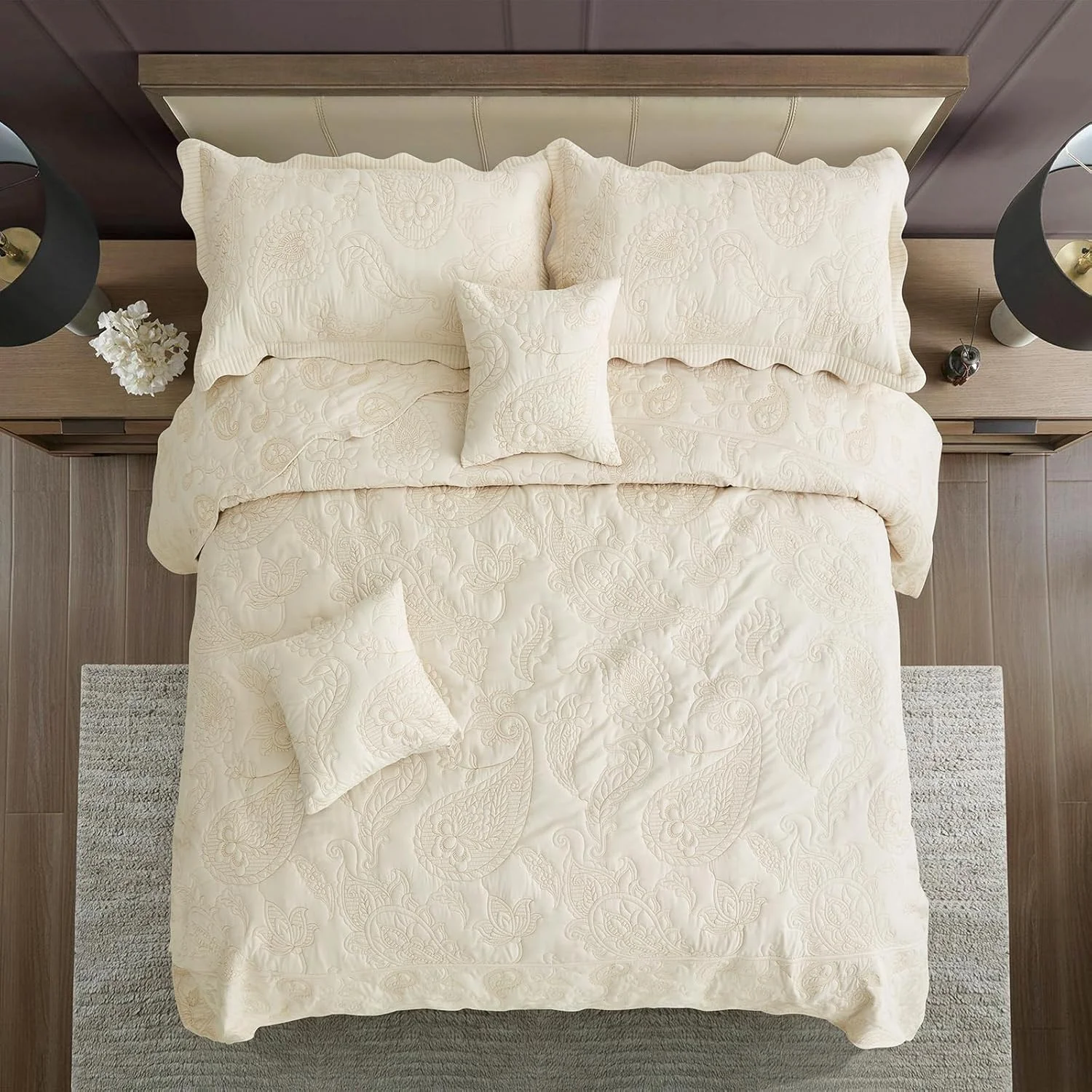 روتختی کینگ سایز بزرگ HZ & HY، ست روتختی لحافی، لحاف نازک سبک وزن، دو رو، لوکس، 5 تکه، 100% میکروفایبر، کینگ/کال کینگ، عاجی زرد