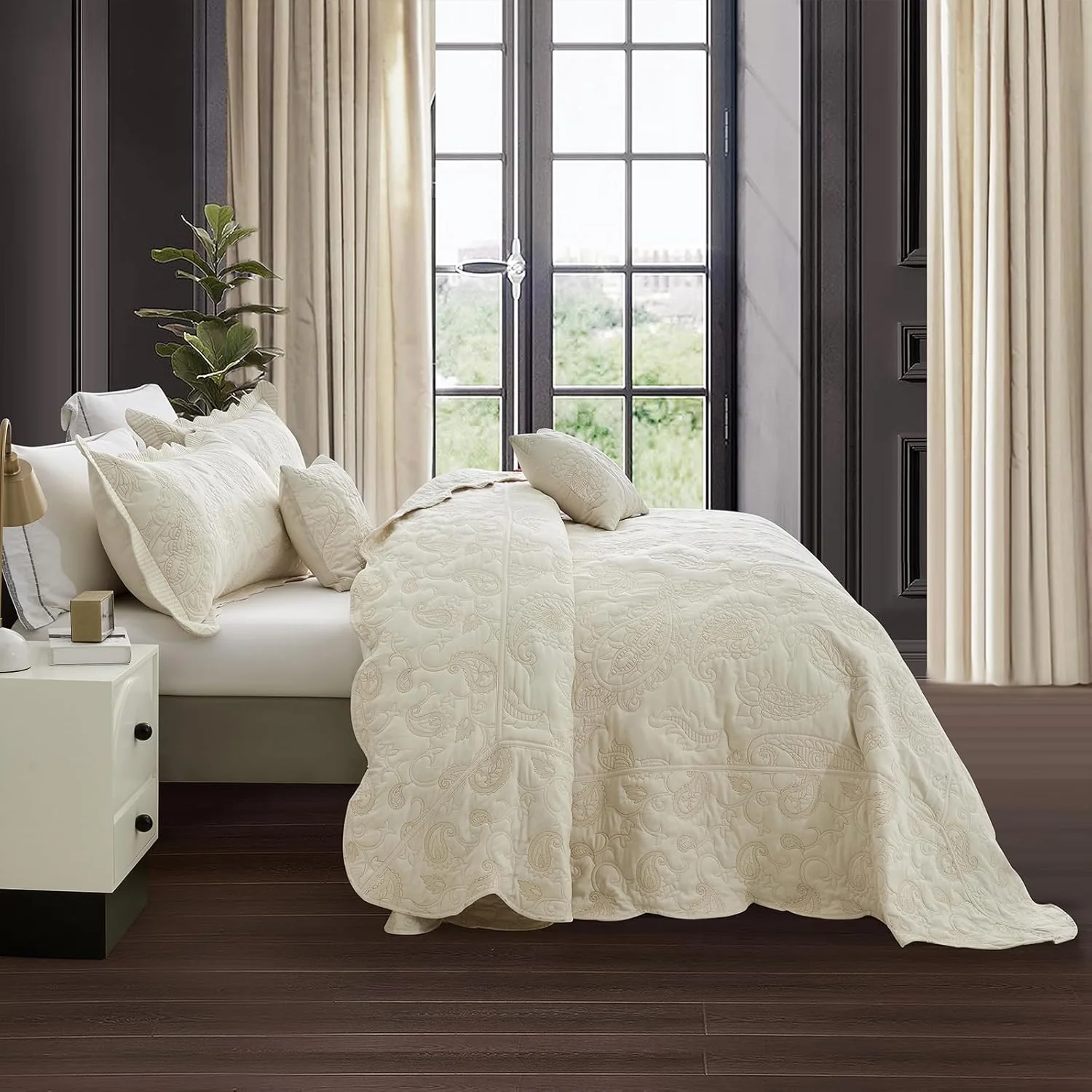 روتختی کینگ سایز بزرگ HZ & HY، ست روتختی لحافی، لحاف نازک سبک وزن، دو رو، لوکس، 5 تکه، 100% میکروفایبر، کینگ/کال کینگ، عاجی زرد