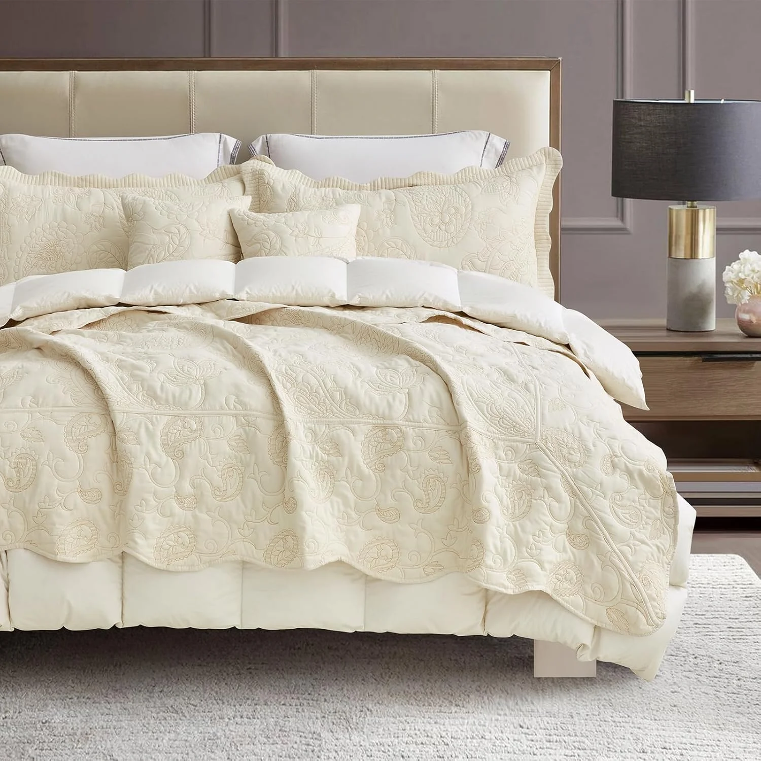 روتختی کینگ سایز بزرگ HZ & HY، ست روتختی لحافی، لحاف نازک سبک وزن، دو رو، لوکس، 5 تکه، 100% میکروفایبر، کینگ/کال کینگ، عاجی زرد