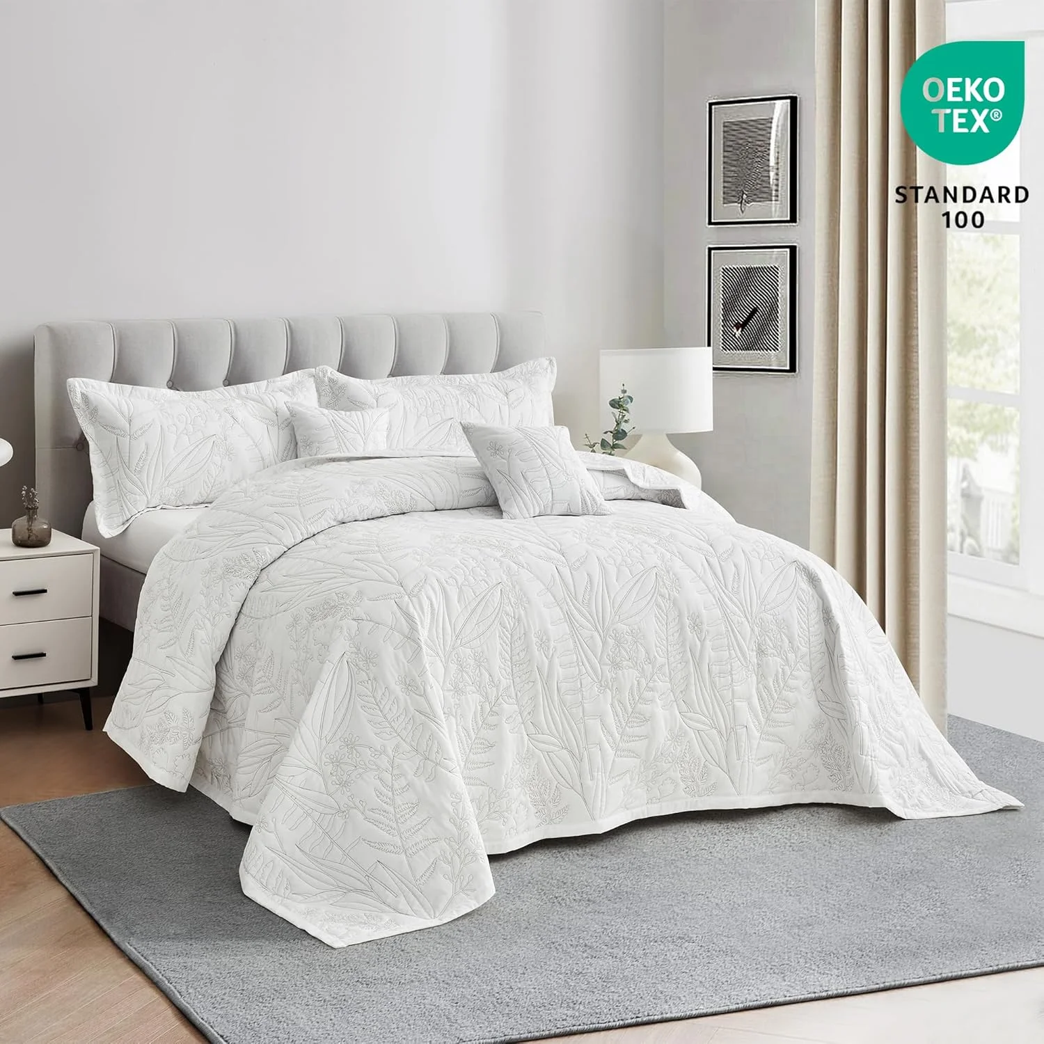 روتختی لحاف دار طرح گیاهی HZ & HY سایز بزرگ کوئین، ست لحاف طرح برگ، روکش تخت خواب شیک و با طراوت، دو رو، ست 5 تکه سبک وزن، سفید