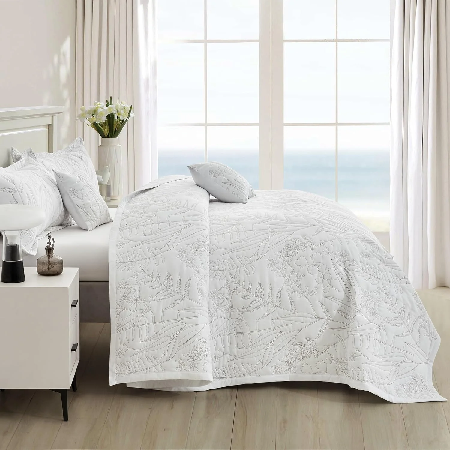 روتختی لحاف دار طرح گیاهی HZ & HY سایز بزرگ کوئین، ست لحاف طرح برگ، روکش تخت خواب شیک و با طراوت، دو رو، ست 5 تکه سبک وزن، سفید