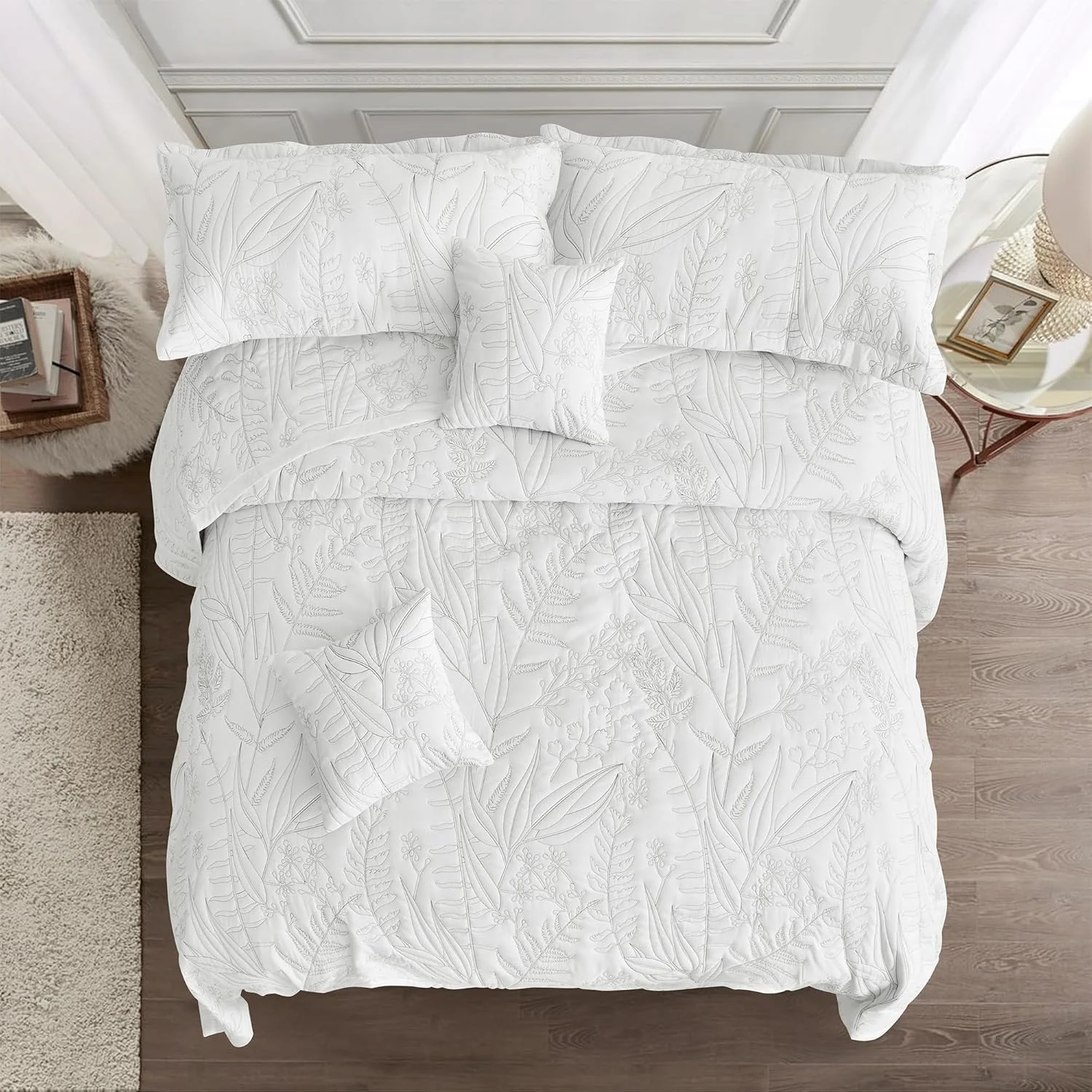 روتختی لحاف دار طرح گیاهی HZ & HY سایز بزرگ کوئین، ست لحاف طرح برگ، روکش تخت خواب شیک و با طراوت، دو رو، ست 5 تکه سبک وزن، سفید